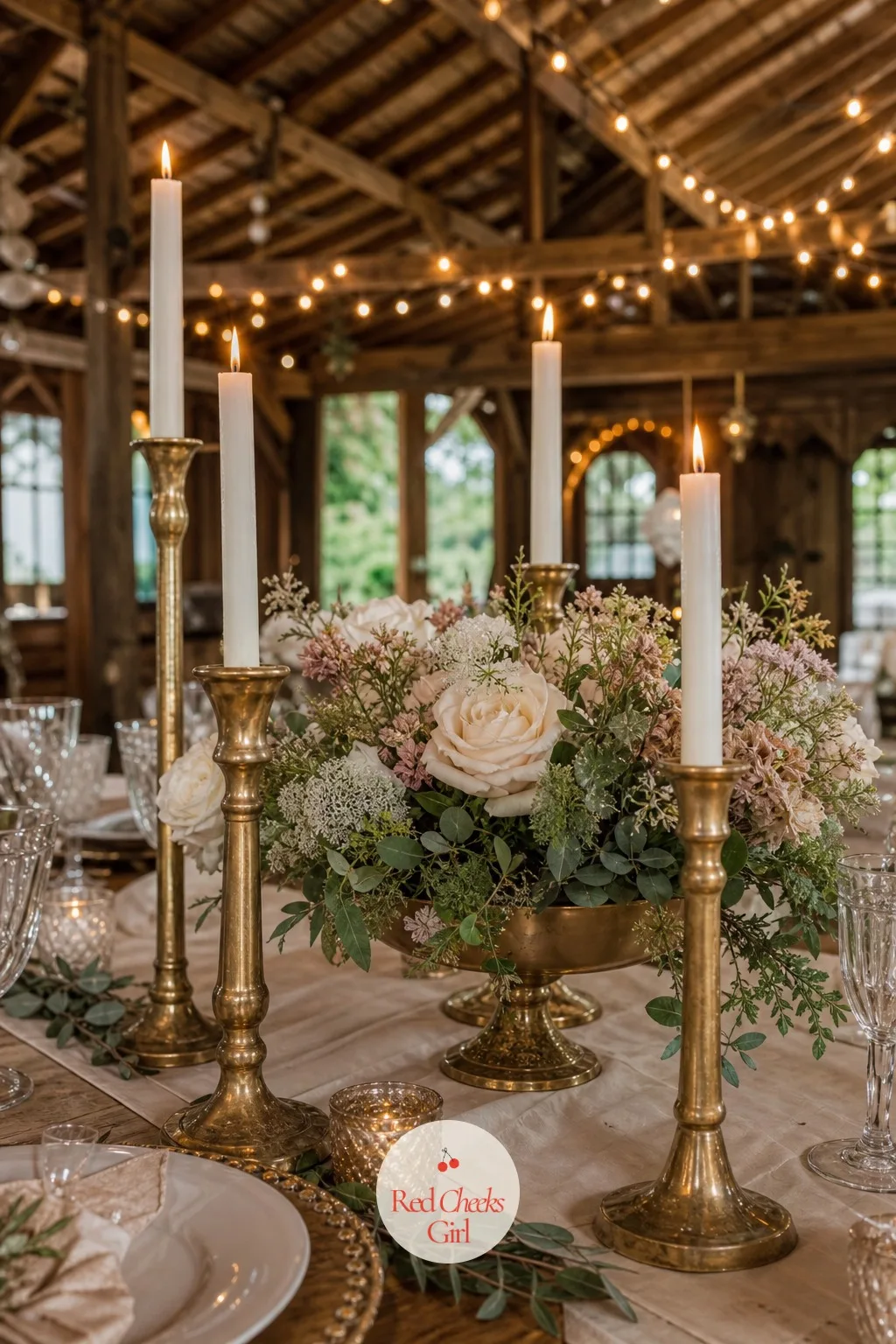 Brass Candlesticks in a Cluster — A single row of candlesticks can feel formal to the point of stiff. Thrifted wedding decor