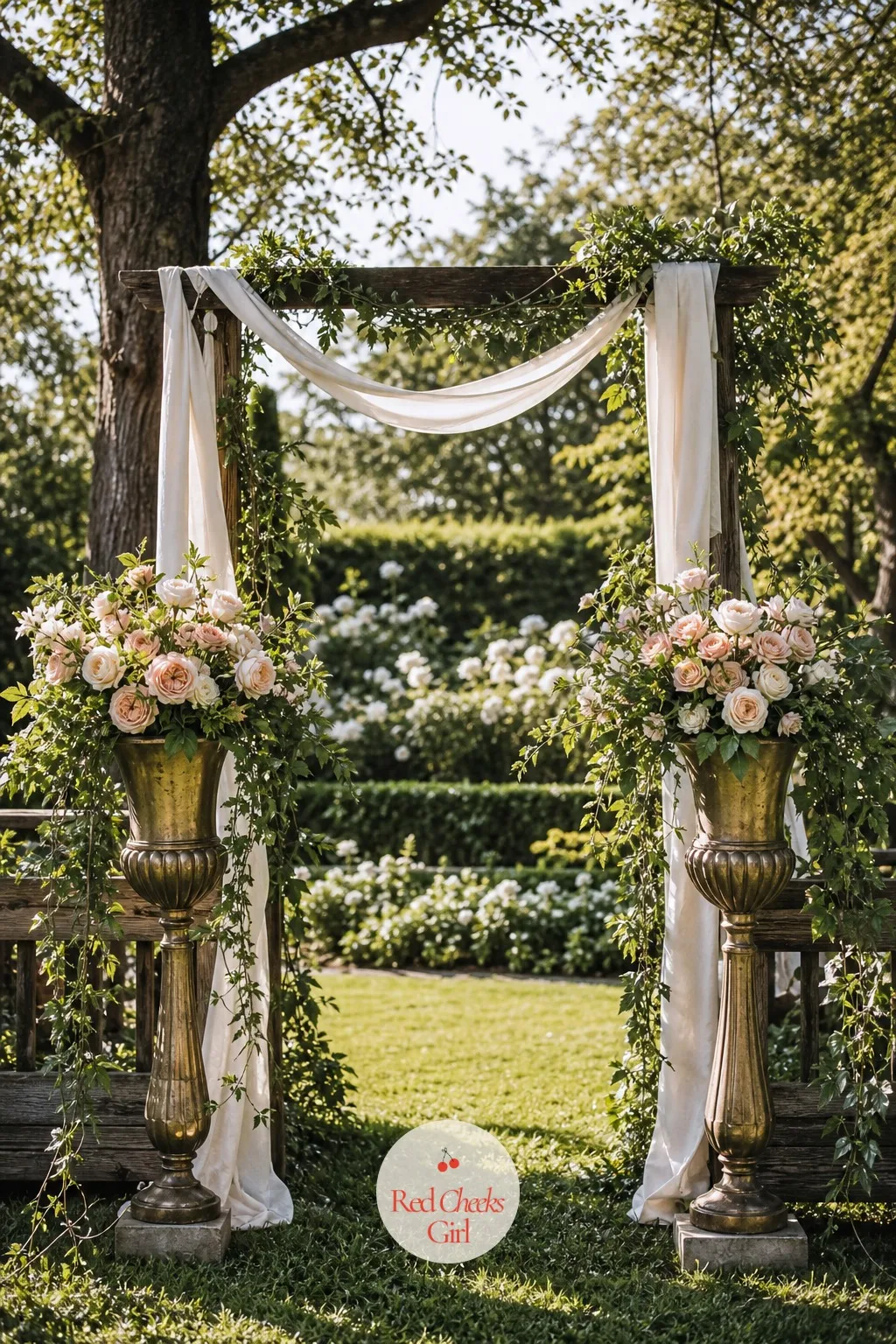 Brass Urns Flanking the Arbor — An empty arch looks unfinished no matter how nice the wood is. Thrifted wedding decor