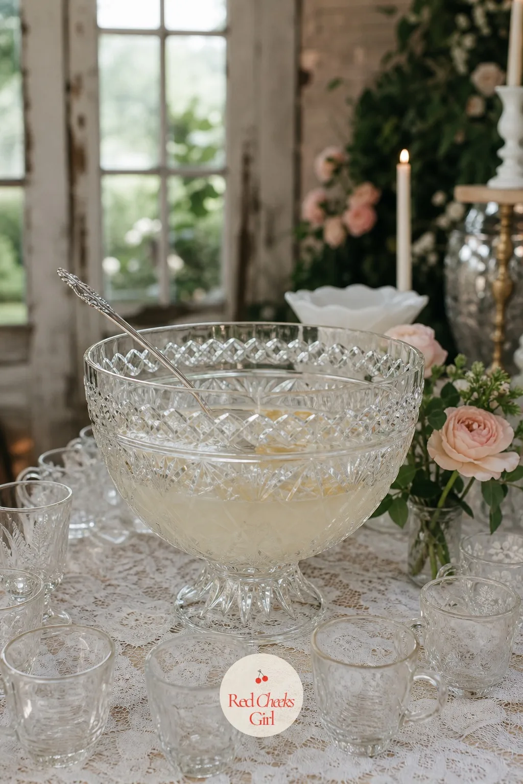 A Crystal Punch Bowl for the Lemonade — A cooler full of drinks turns the dessert table into something closer to a backyard barbecue. Thrifted wedding decor