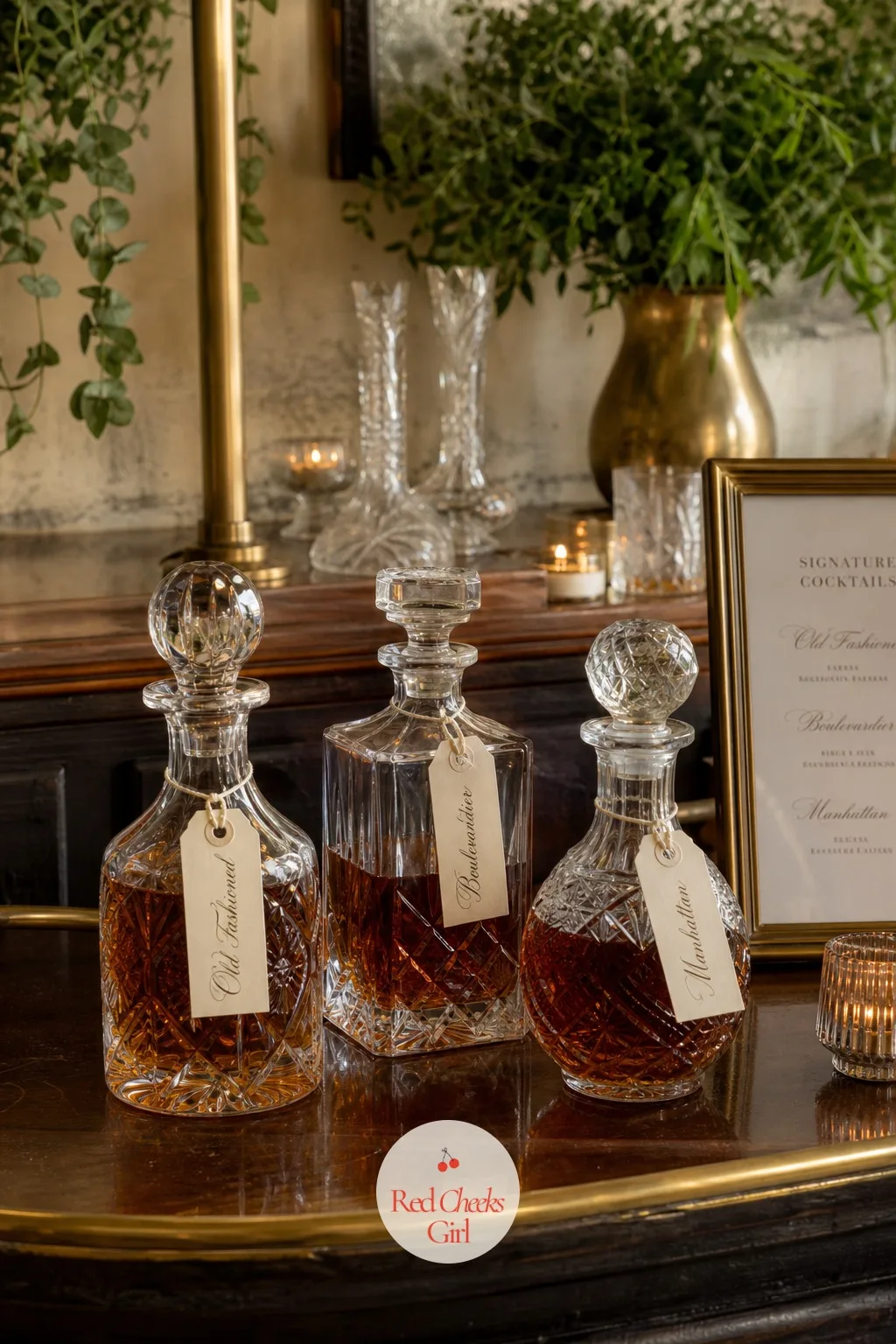 Cut Glass Decanters for the Signature Cocktail — A plastic bottle of mixer sitting out on the bar kills the mood in a single glance. Thrifted wedding decor