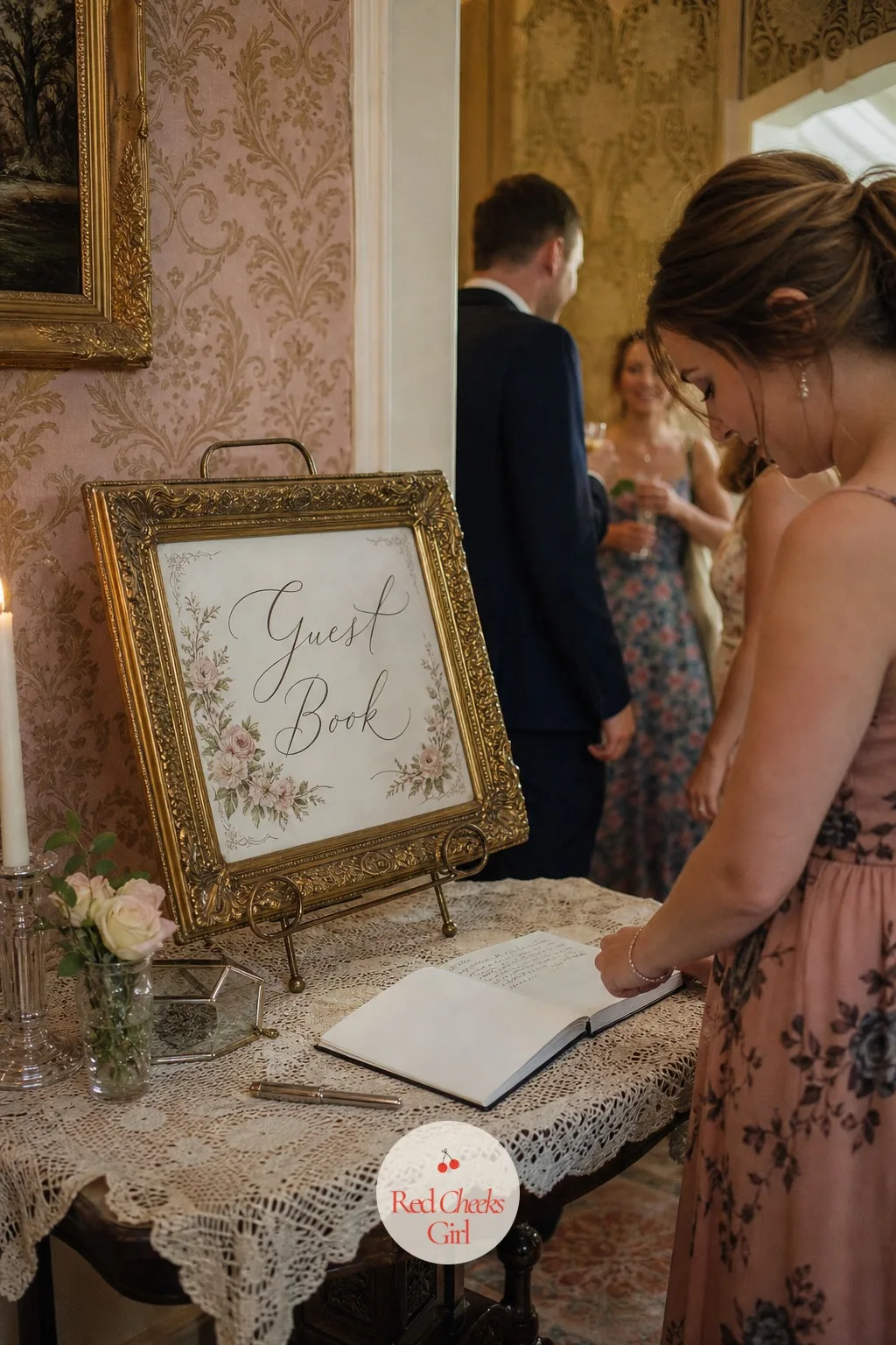 A Gilt Frame as the Guest Book Sign — A guest book nobody explains usually sits there untouched all night. Thrifted wedding decor