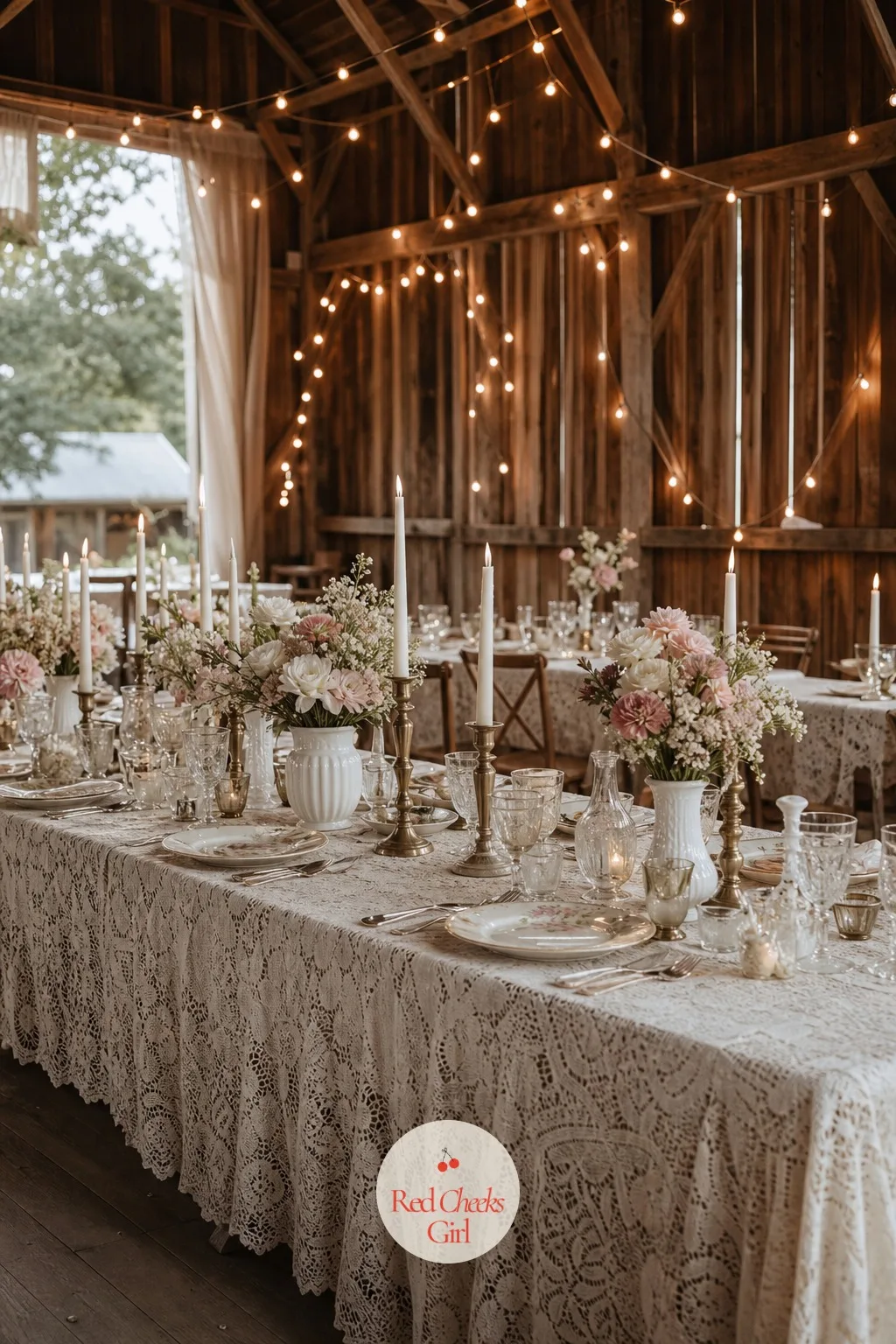 A Lace Tablecloth Under Everything — Plastic tablecloths turn any room into a school gym, no matter how good the florals look on top. Thrifted wedding decor