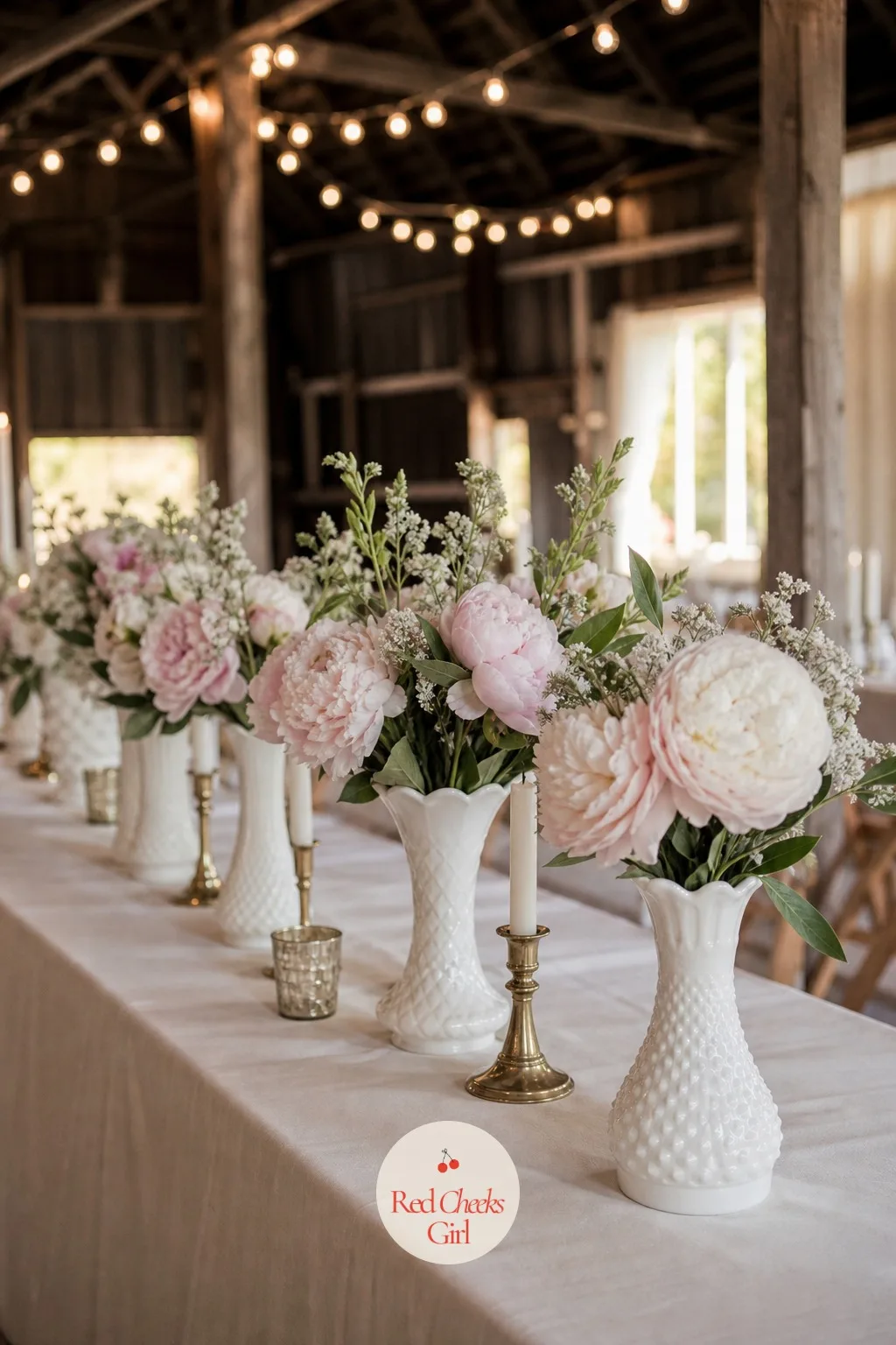 Milk Glass Vases in a Row — Clear glass vases all but vanish against a white tablecloth. Thrifted wedding decor