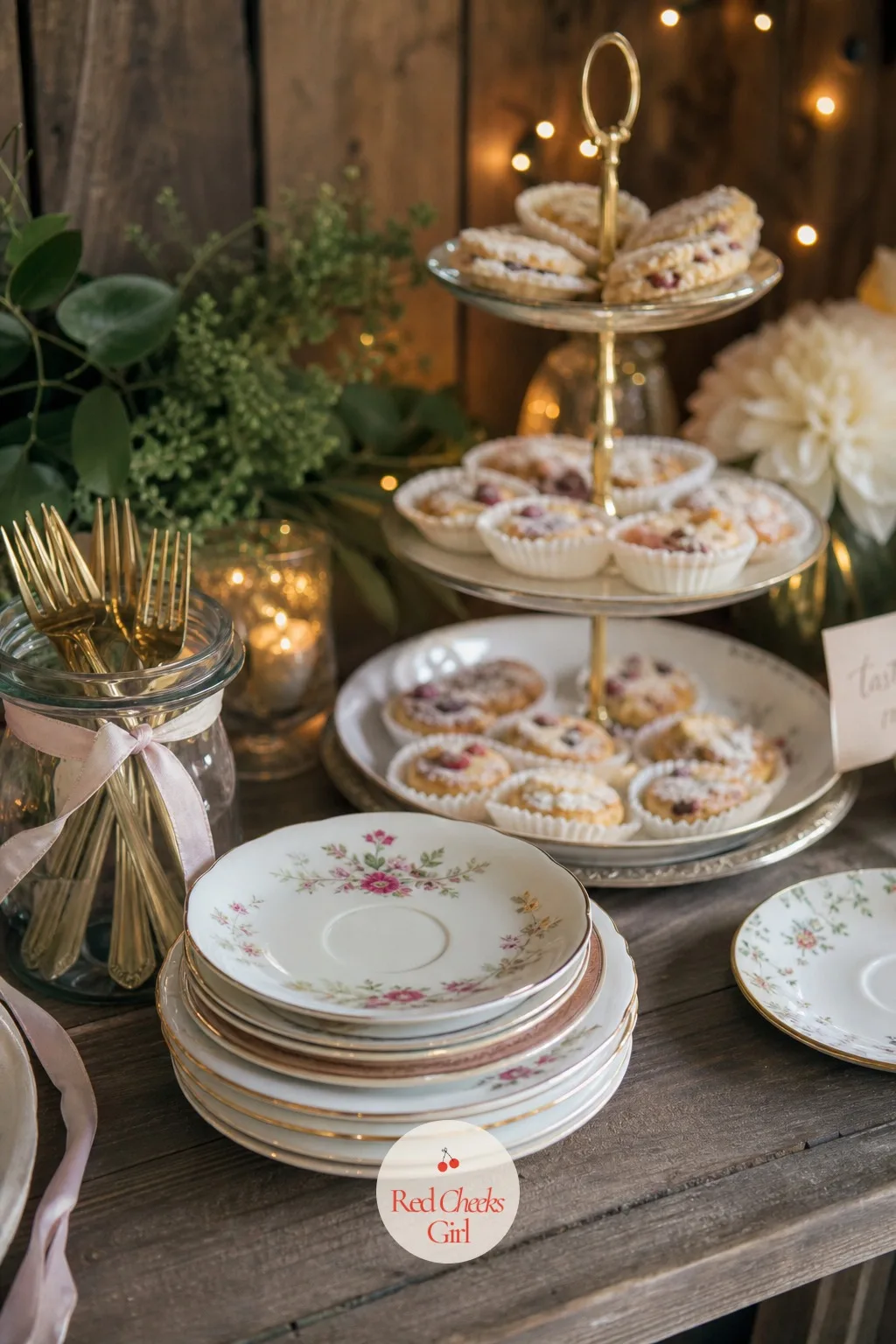 Mismatched Saucers for Dessert — Paper plates can undo a pretty cake table in one swipe. Thrifted wedding decor