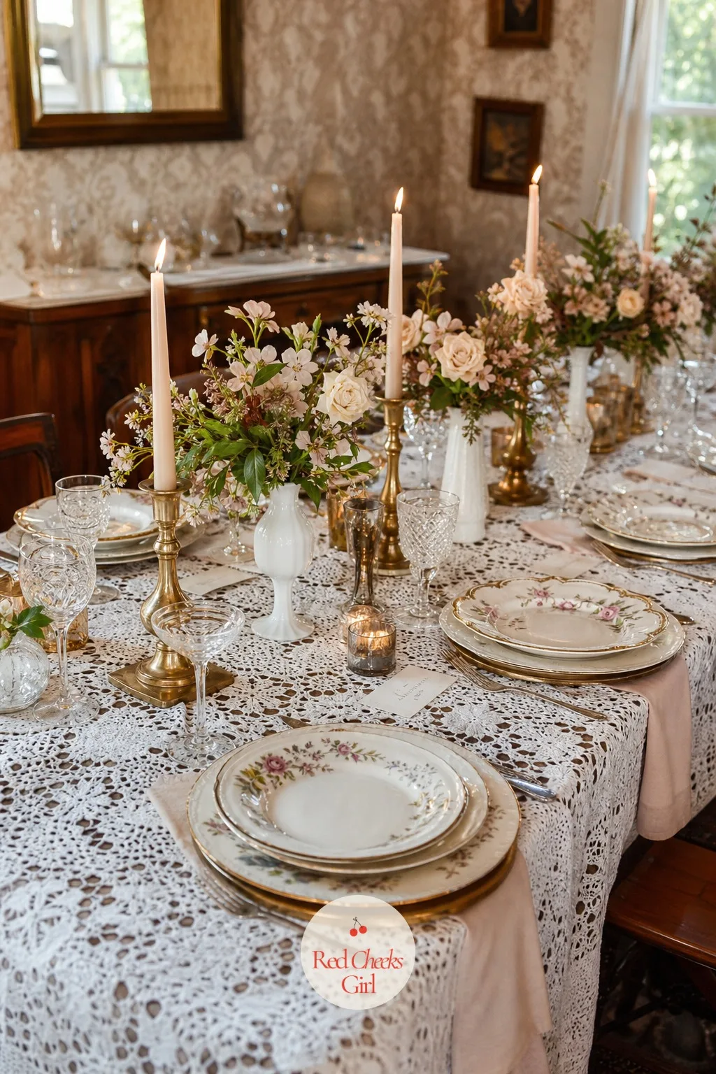 Mismatched Vintage China at Every Place — A full matching set of rental plates reads like a catalogue page. Thrifted wedding decor