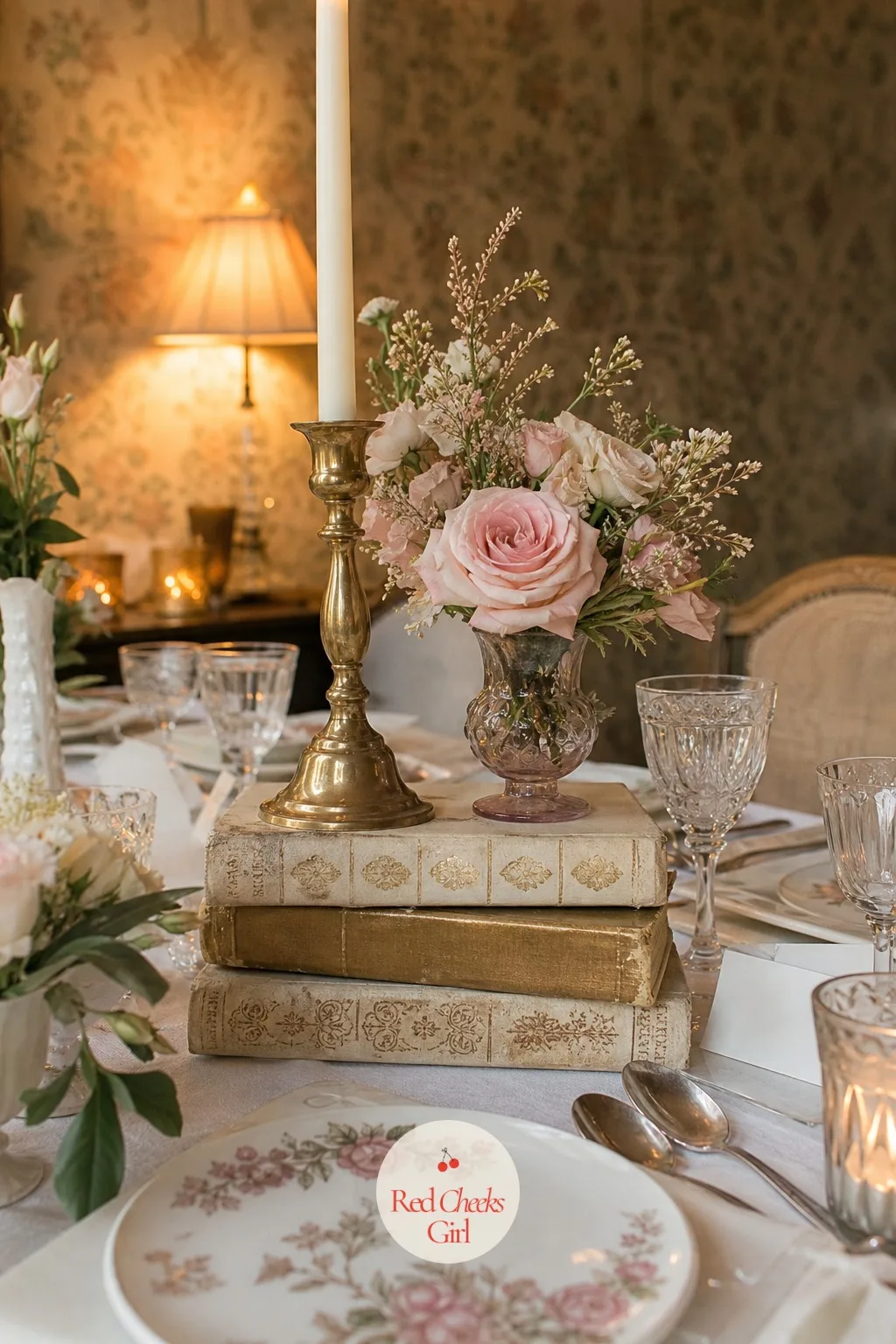 Old Books as Centerpiece Risers — A low vase by itself can look lost in the middle of a long table. Thrifted wedding decor