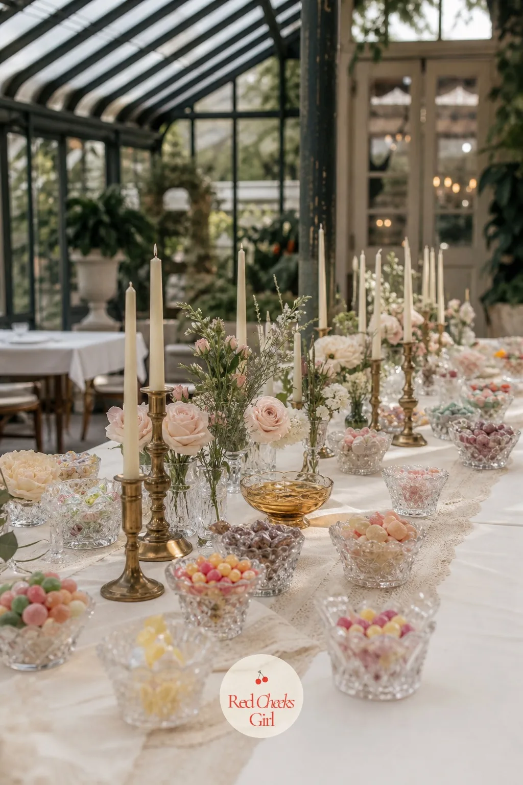 Pressed Glass Candy Dishes Along the Table — A favour table lined with identical little boxes looks like it came from a factory, because it probably did.