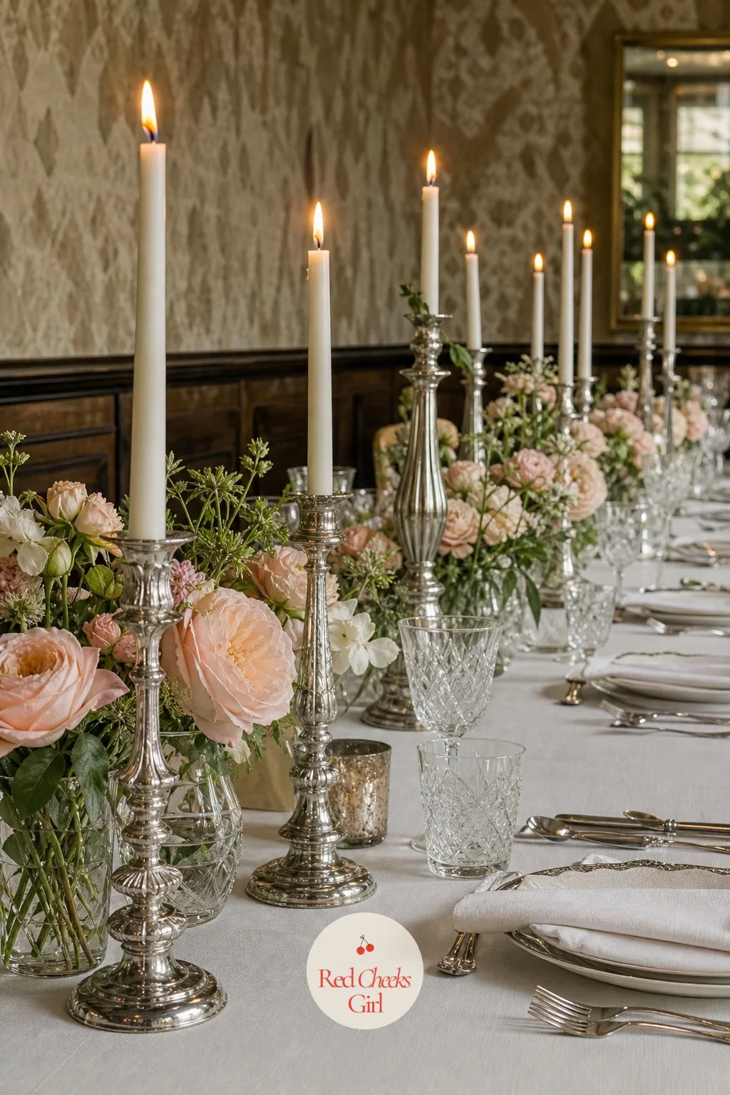 Silver Candlesticks Down the Table — Overhead lighting flattens a room; candlelight does the opposite every time. Thrifted wedding decor
