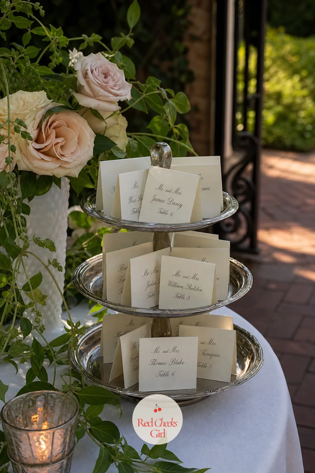 Silver Trays for the Escort Cards — A messy stack of cards at the door looks like an afterthought, even when it is not. Thrifted wedding decor