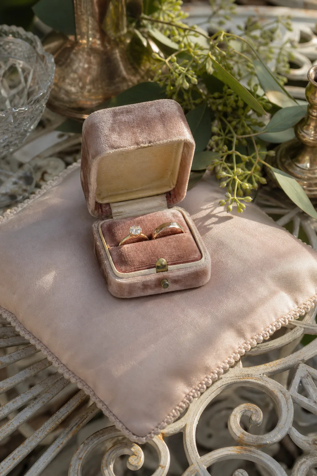 A Velvet Box for the Rings — A plain satin ring pillow looks like every other ring pillow, because it comes from the same handful of suppliers everyone uses.
