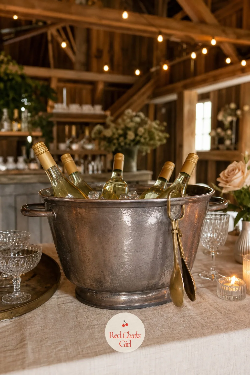 A Vintage Ice Bucket for the Wine Chill — A cooler with bags of ice sitting beside the bar reads more tailgate than tablescape. Thrifted wedding decor