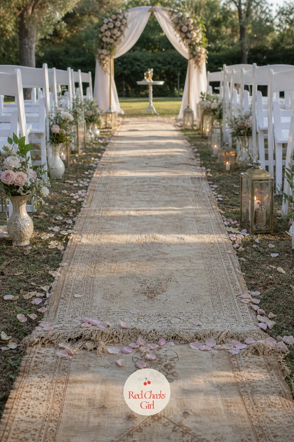 Vintage Rug Runner Down the Aisle — A bare stretch of grass or concrete can swallow a dress hem whole, and white fabric runners crease the second anyone steps