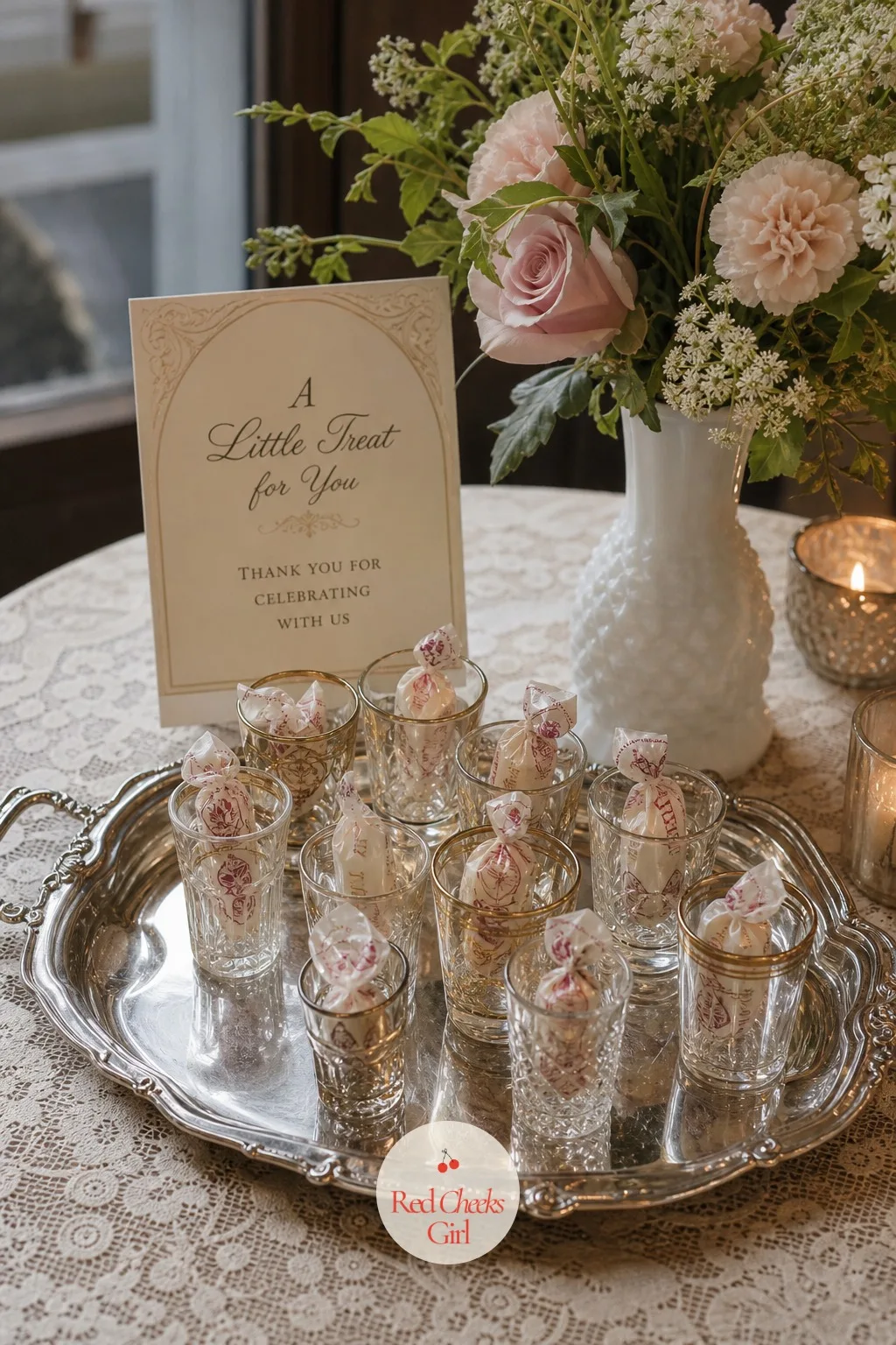 Vintage Shot Glasses as Favours — A printed thank you tag gets read once and binned by the end of the night. Thrifted wedding decor