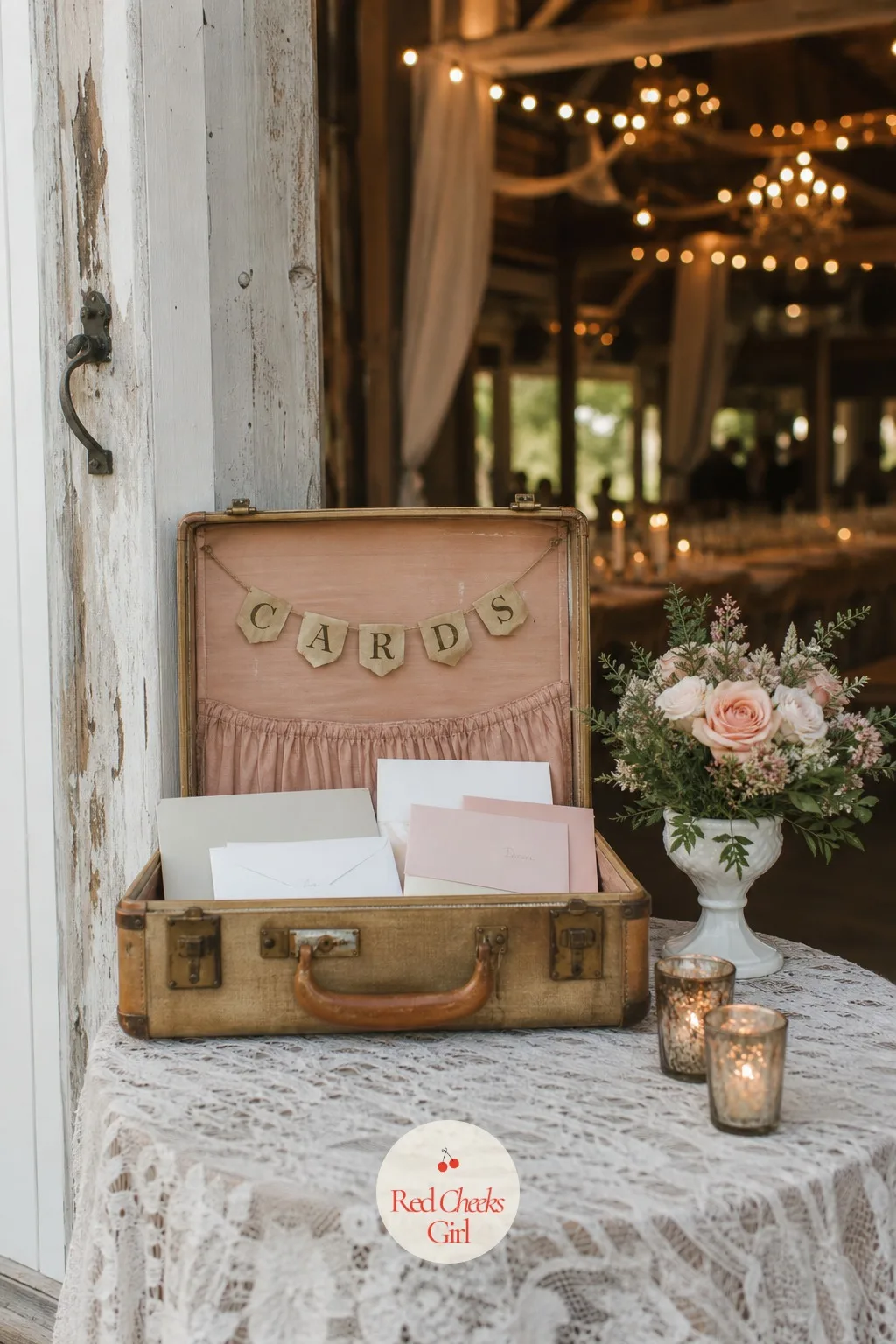 A Vintage Suitcase for the Card Box — A cardboard box with a slot cut in the top looks exactly like what it is, no matter how it's dressed up. Thrifted wedding