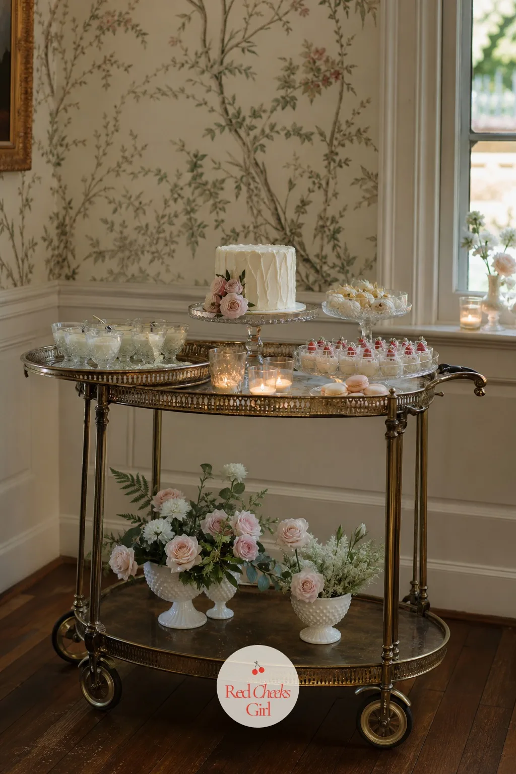 A Vintage Tea Trolley as the Dessert Cart — A folding table hidden under a cloth always looks a little temporary, no matter what sits on top of it. Thrifted