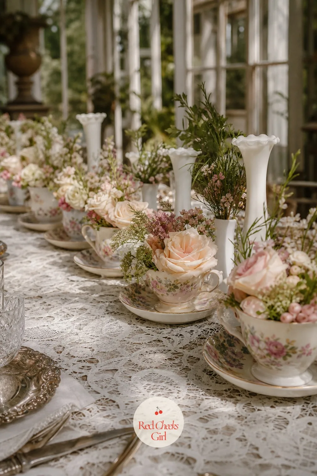 Vintage Teacups Filled With Flowers — A single bud vase down a long table gets monotonous fast. Thrifted wedding decor