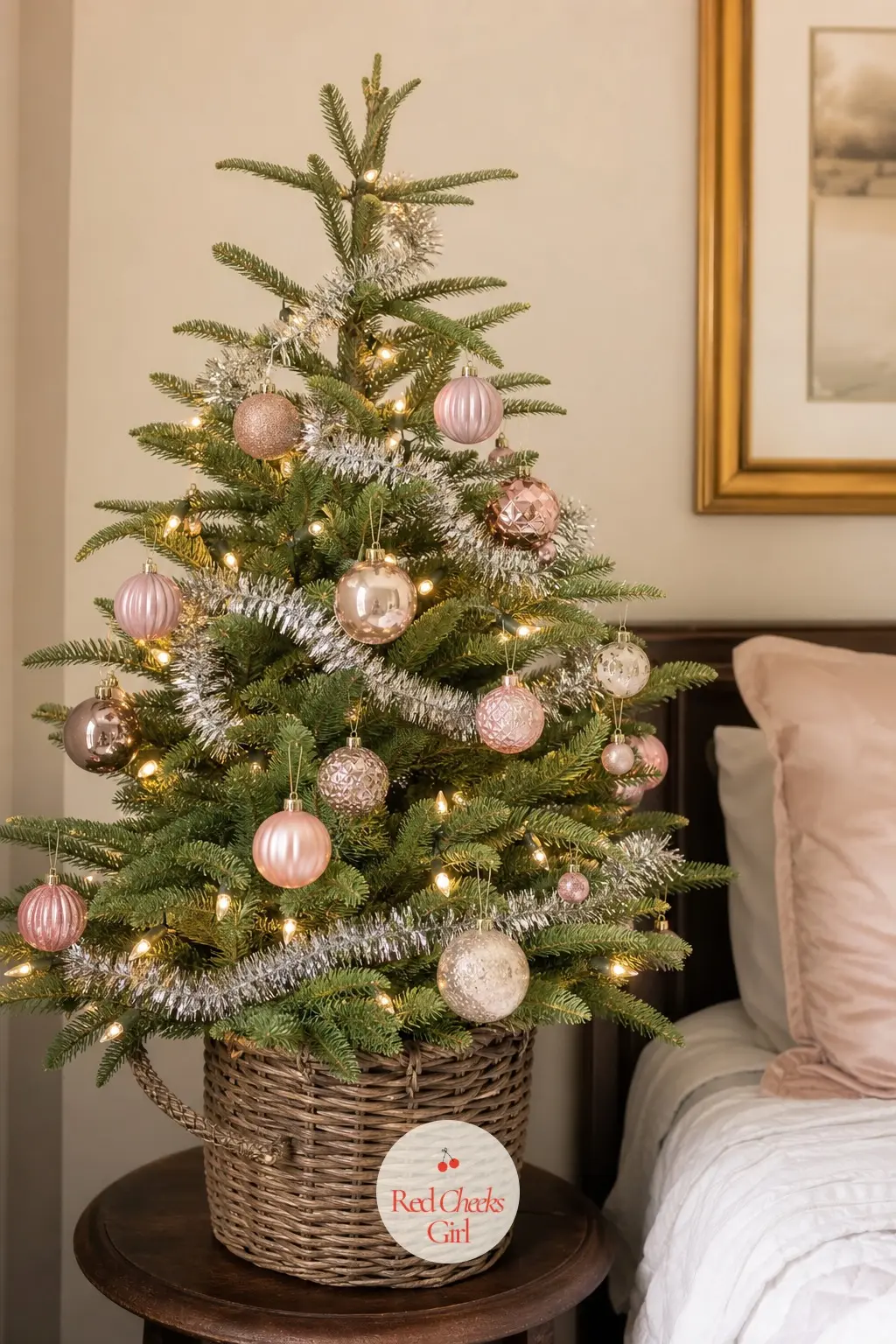 The Blush Potted Tabletop Fir — A small, real potted fir on a stand beside the bed, dressed in loose silver tinsel with blush pink and rose gold glass. Tinsel