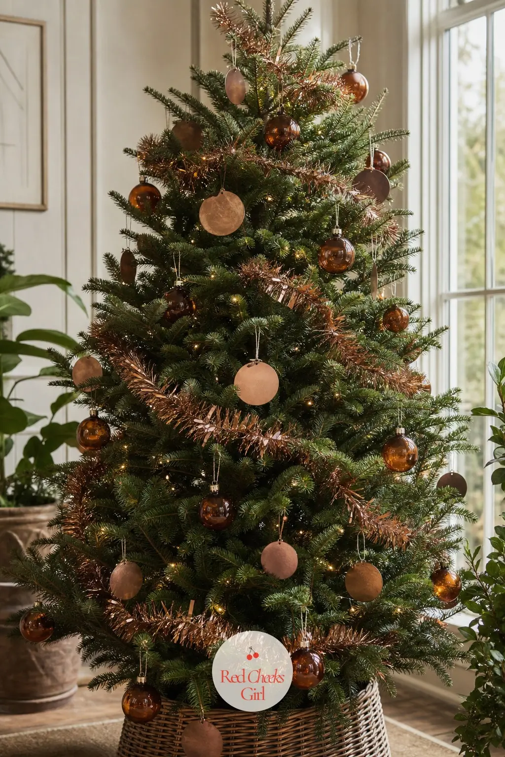 The Bronze Rust Statement Fir — A real, full and wide fir in a sunroom, dressed in bronze tinsel with rust glass and terracotta velvet poinsettia picks for an