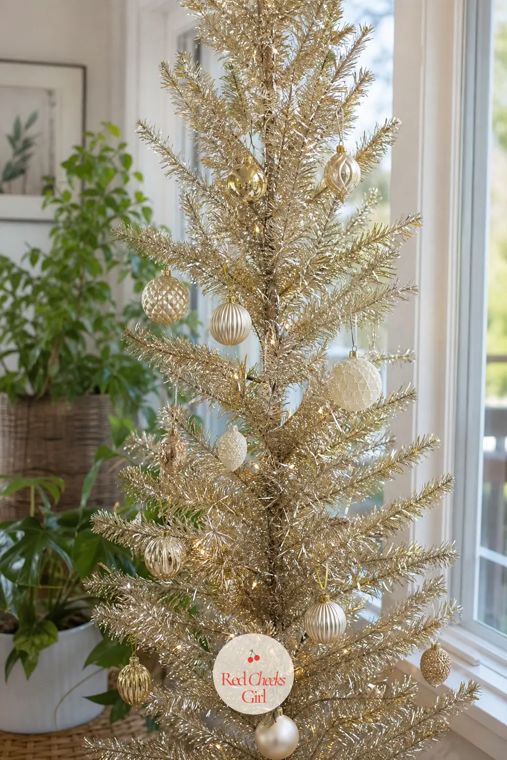 The Champagne Pencil — A slim pencil take on the aluminum tree, narrow enough for a sunroom corner without blocking the windows. Tinsel christmas tree
