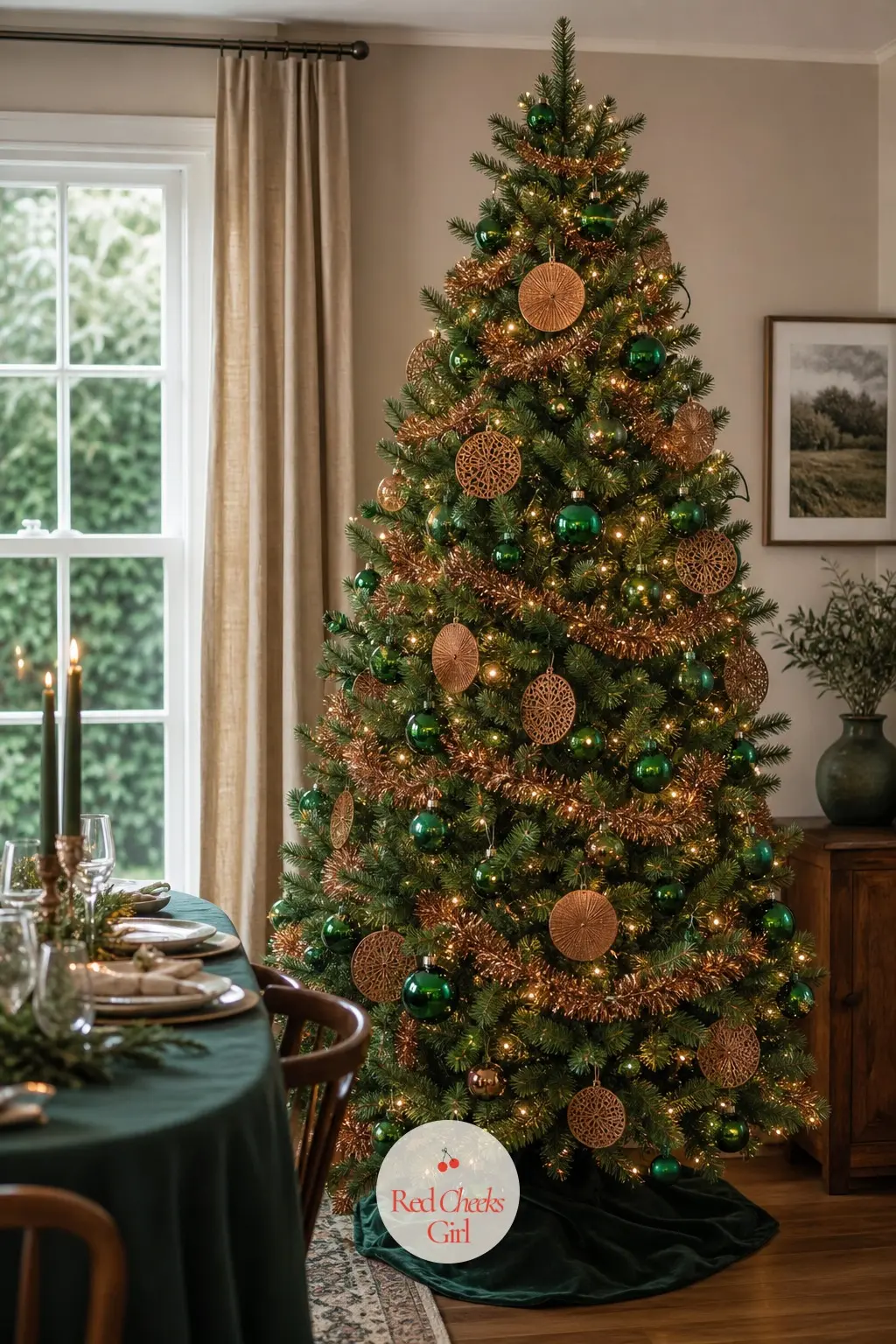 The Copper and Emerald Statement Tree — A full, wide artificial tree for a dining room that wants a real centerpiece, mixing copper tinsel garland with emerald