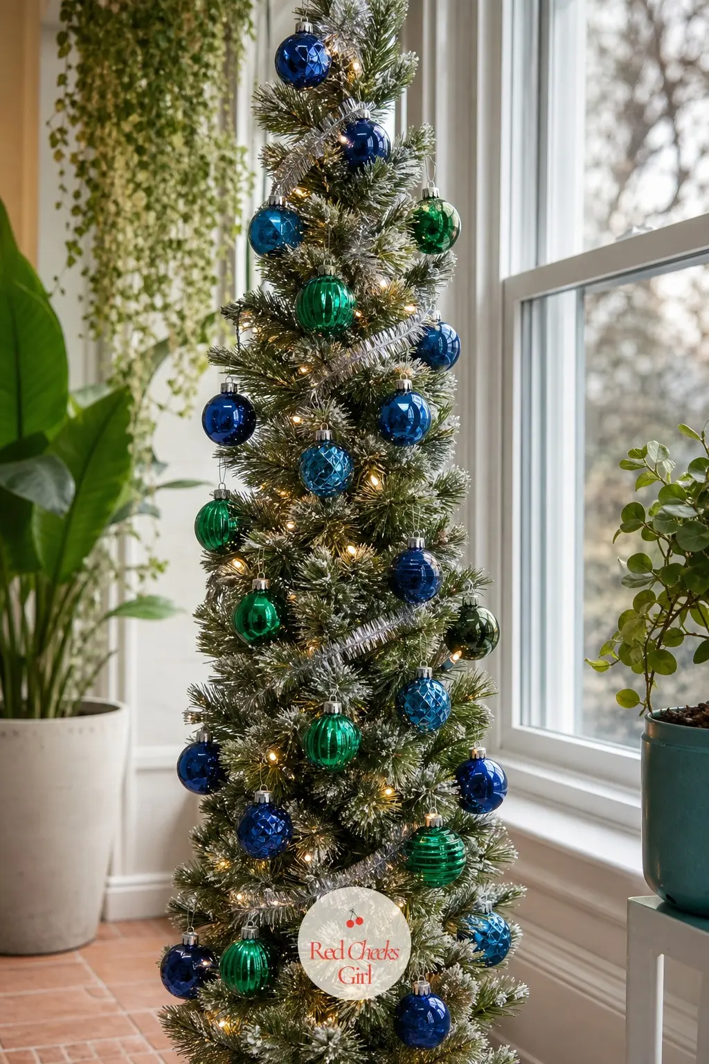 The Jewel-Toned Pencil — A slim artificial pencil tree for a sunroom corner where floor space is tight, wearing sapphire and emerald glass against a thread of