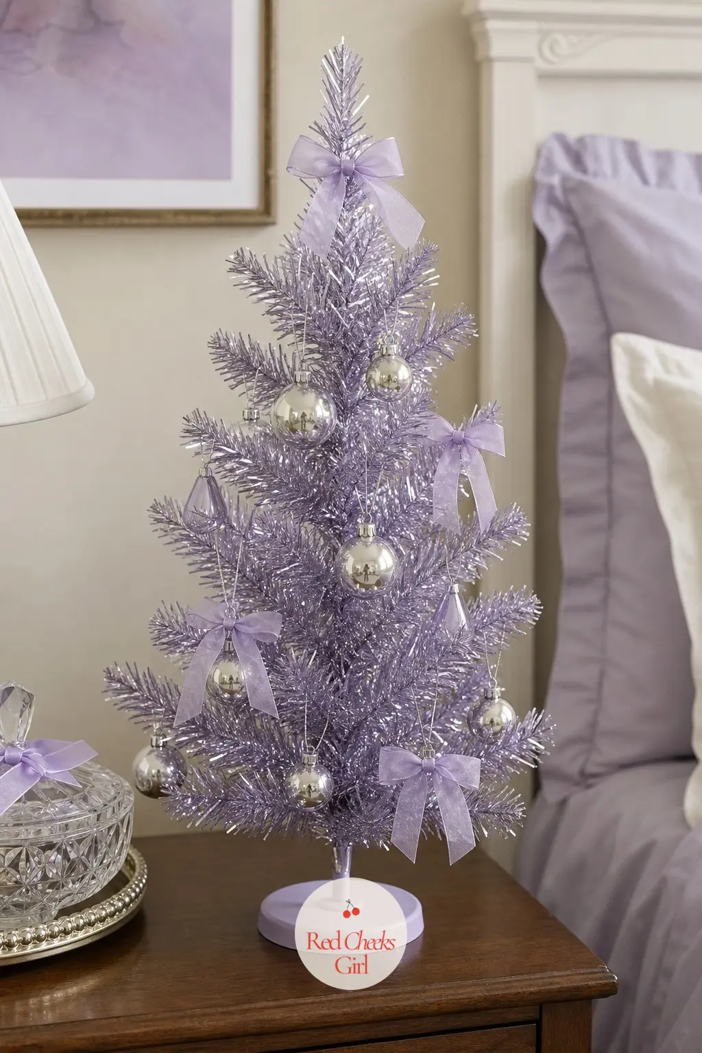 The Lavender Tabletop Sparkler — A mini aluminum tree in lavender rather than the usual silver or pink, sized for a nightstand or dresser top in a bedroom