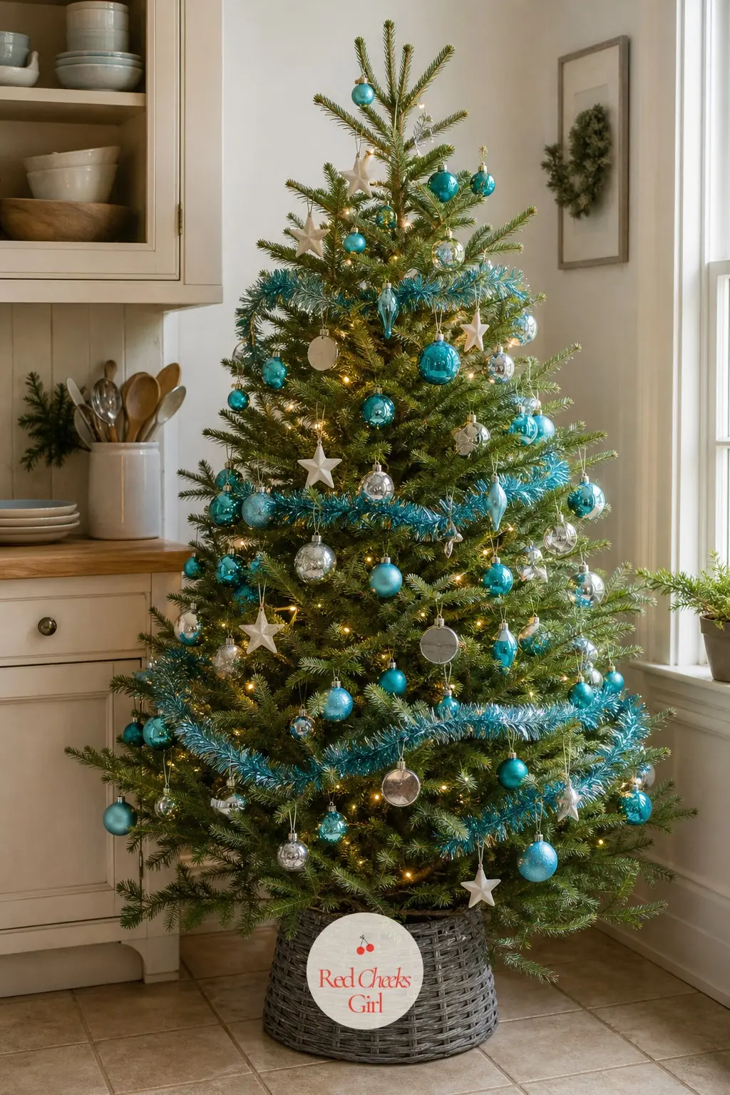 The Turquoise Diner Tree — A small, real potted tree still rooted and growing on a kitchen counter, decorated in turquoise and chrome for a mid-century diner