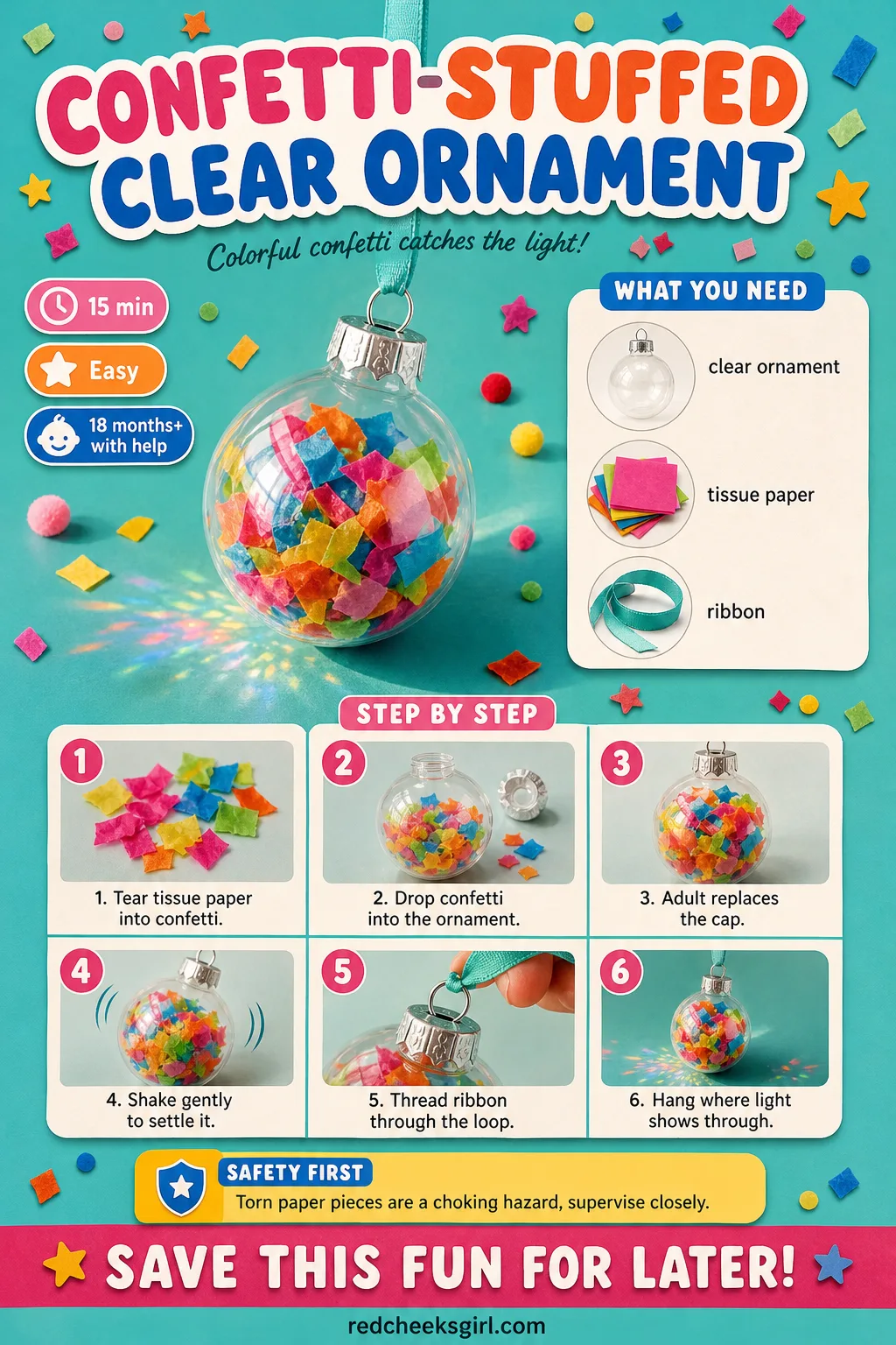 Confetti-Stuffed Clear Ornament Craft Card printable sheet. Toddler christmas ornaments diy