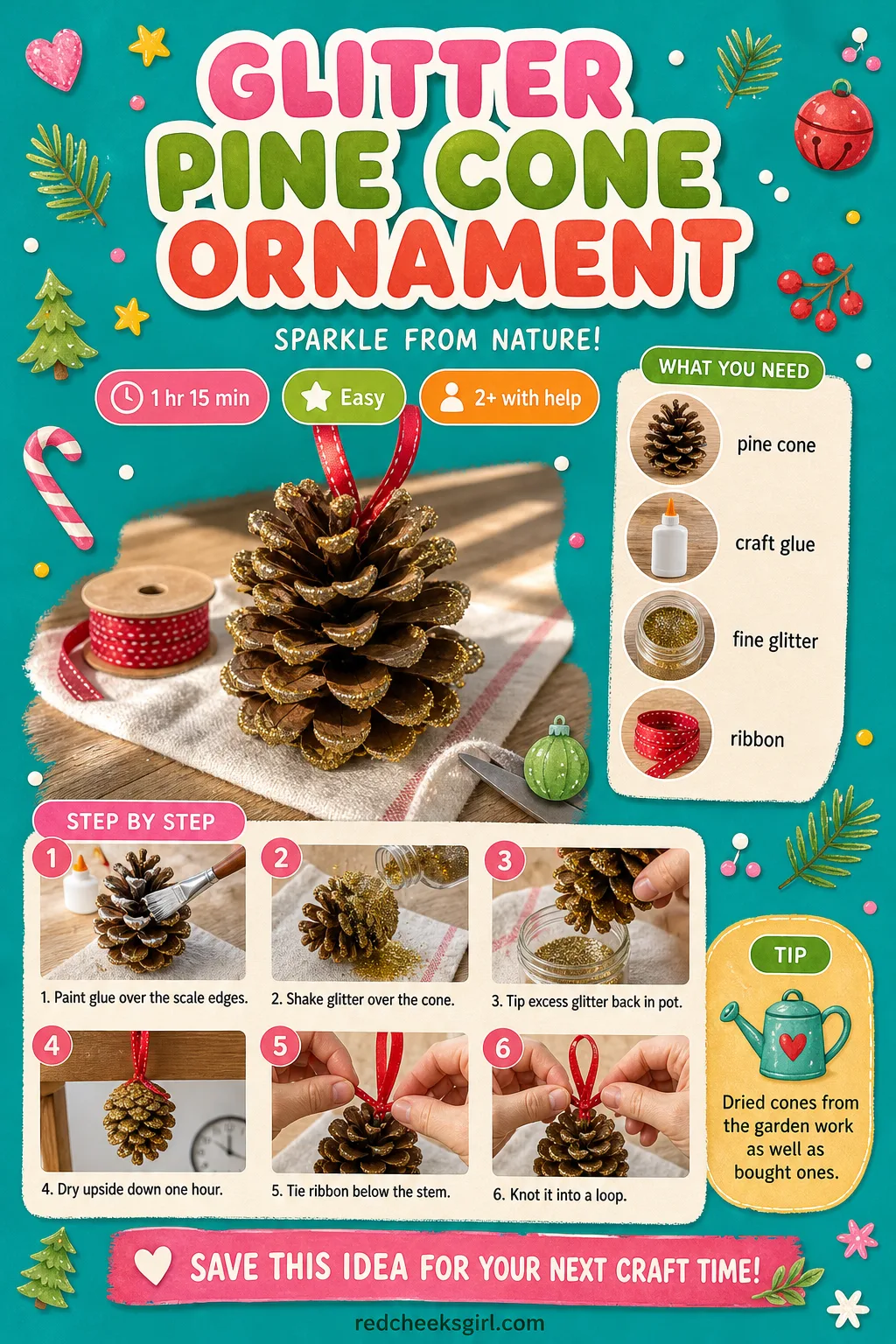 Glitter Pine Cone Ornament Craft Card printable sheet. Toddler christmas ornaments diy