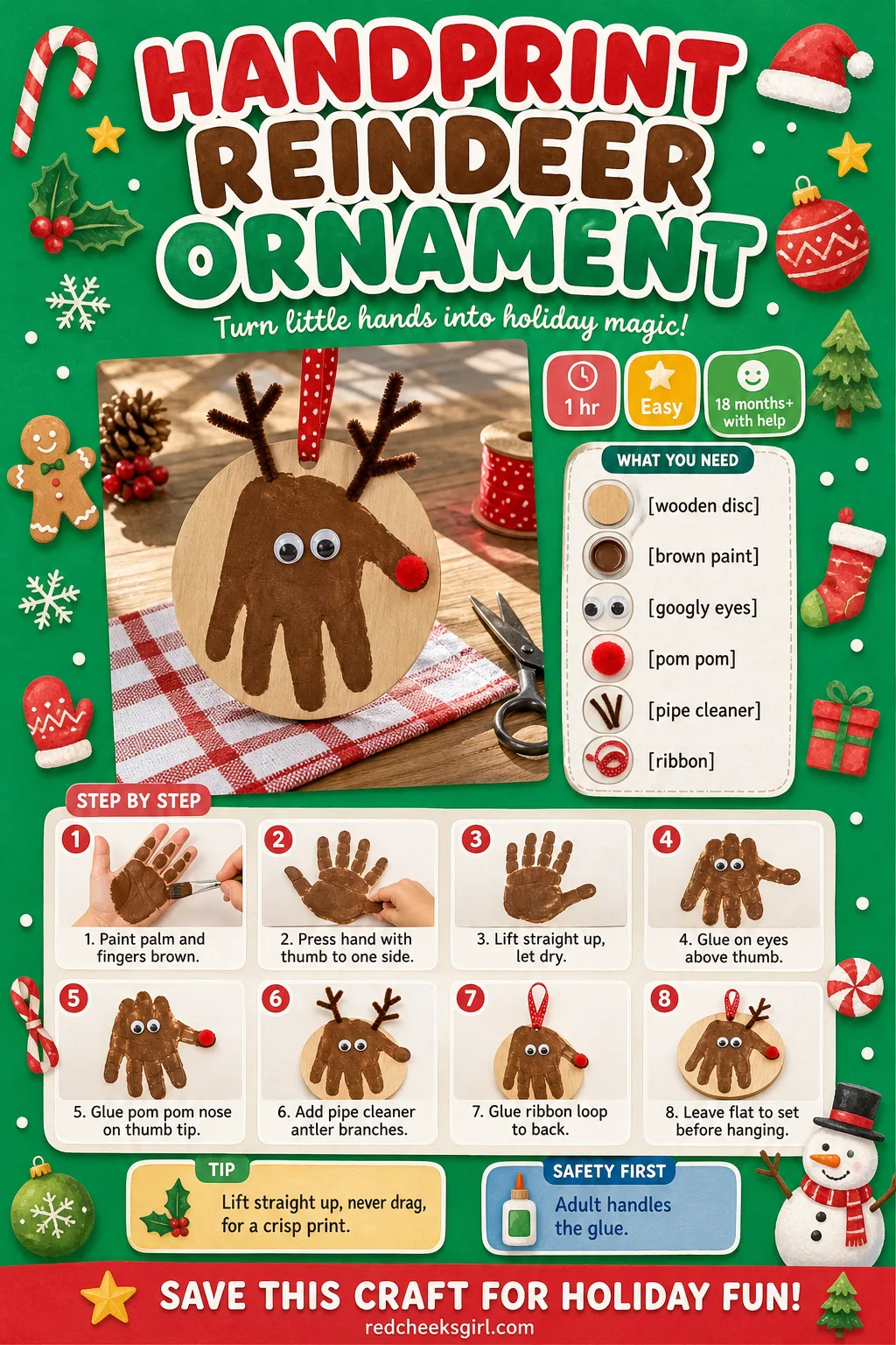 Handprint Reindeer Ornament Craft Card printable sheet. Toddler christmas ornaments diy