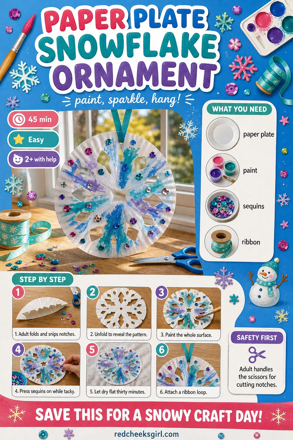 Paper Plate Snowflake Ornament Craft Card printable sheet. Toddler christmas ornaments diy