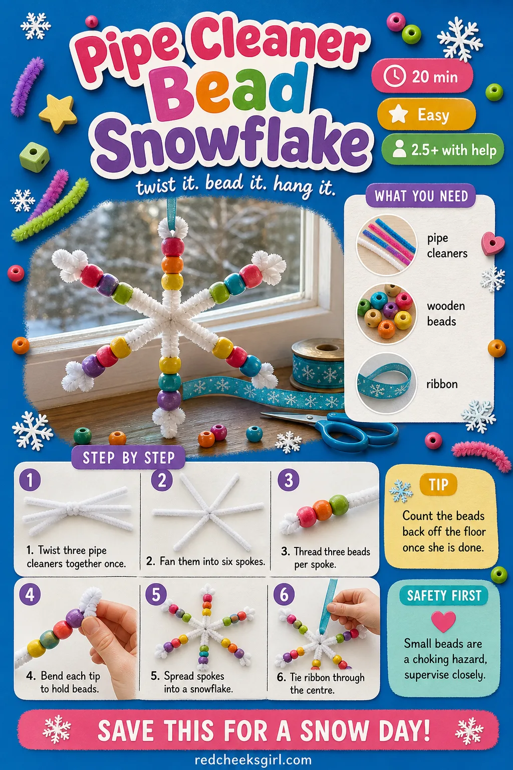 Pipe Cleaner Bead Snowflake Craft Card printable sheet. Toddler christmas ornaments diy