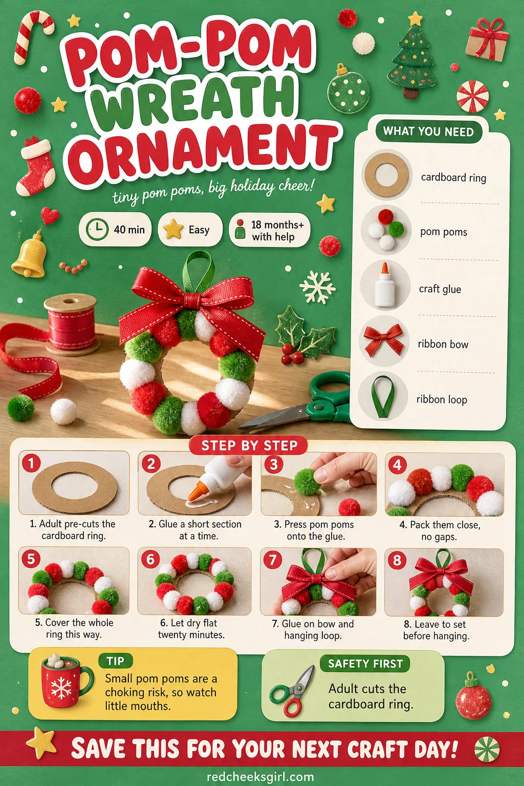 Pom-Pom Wreath Ornament Craft Card printable sheet. Toddler christmas ornaments diy