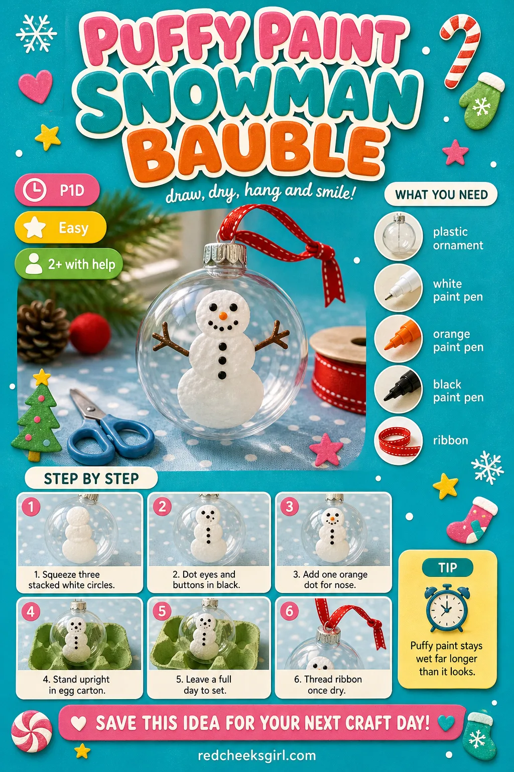 Puffy Paint Snowman Bauble Craft Card printable sheet. Toddler christmas ornaments diy