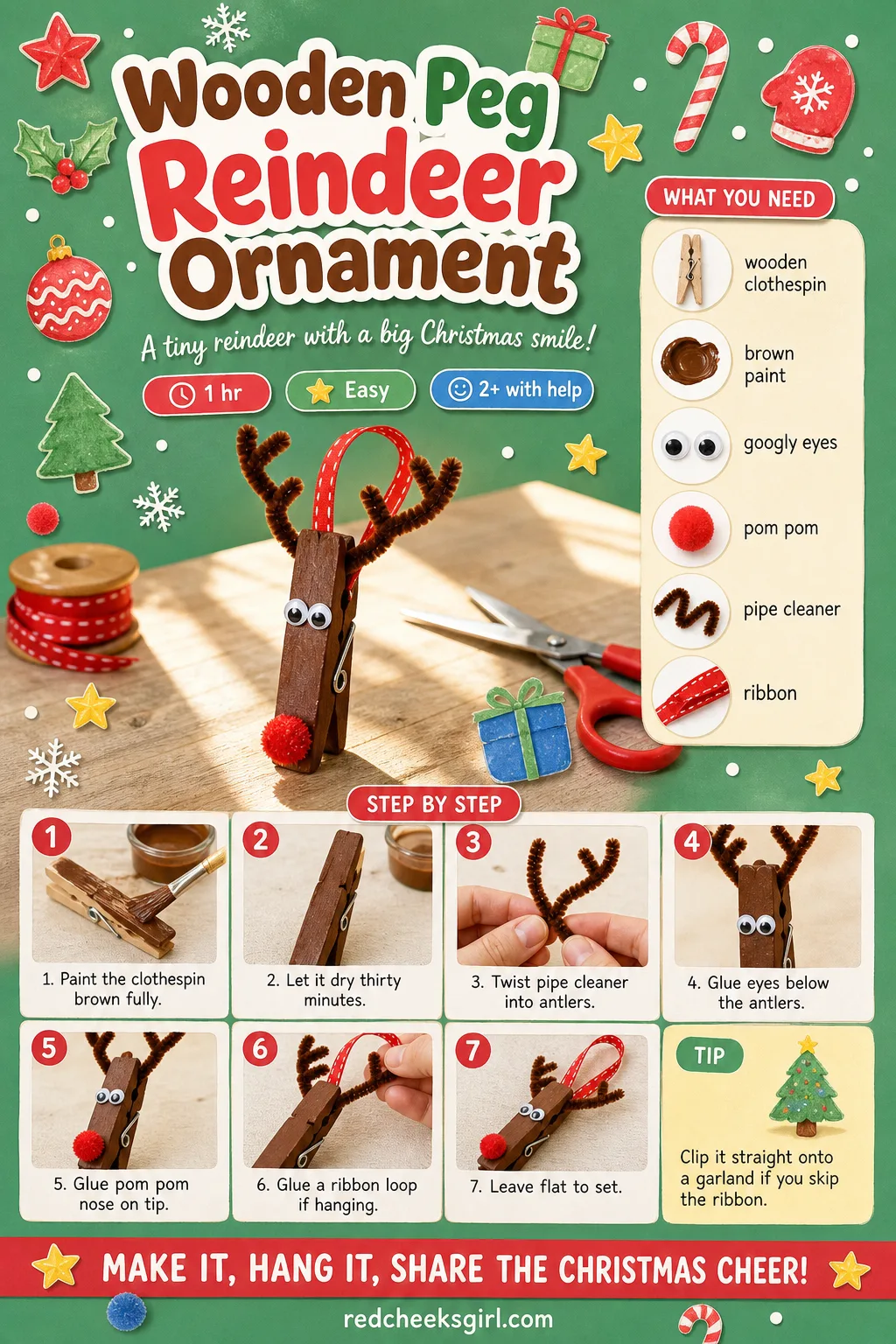 Wooden Peg Reindeer Ornament Craft Card printable sheet. Toddler christmas ornaments diy