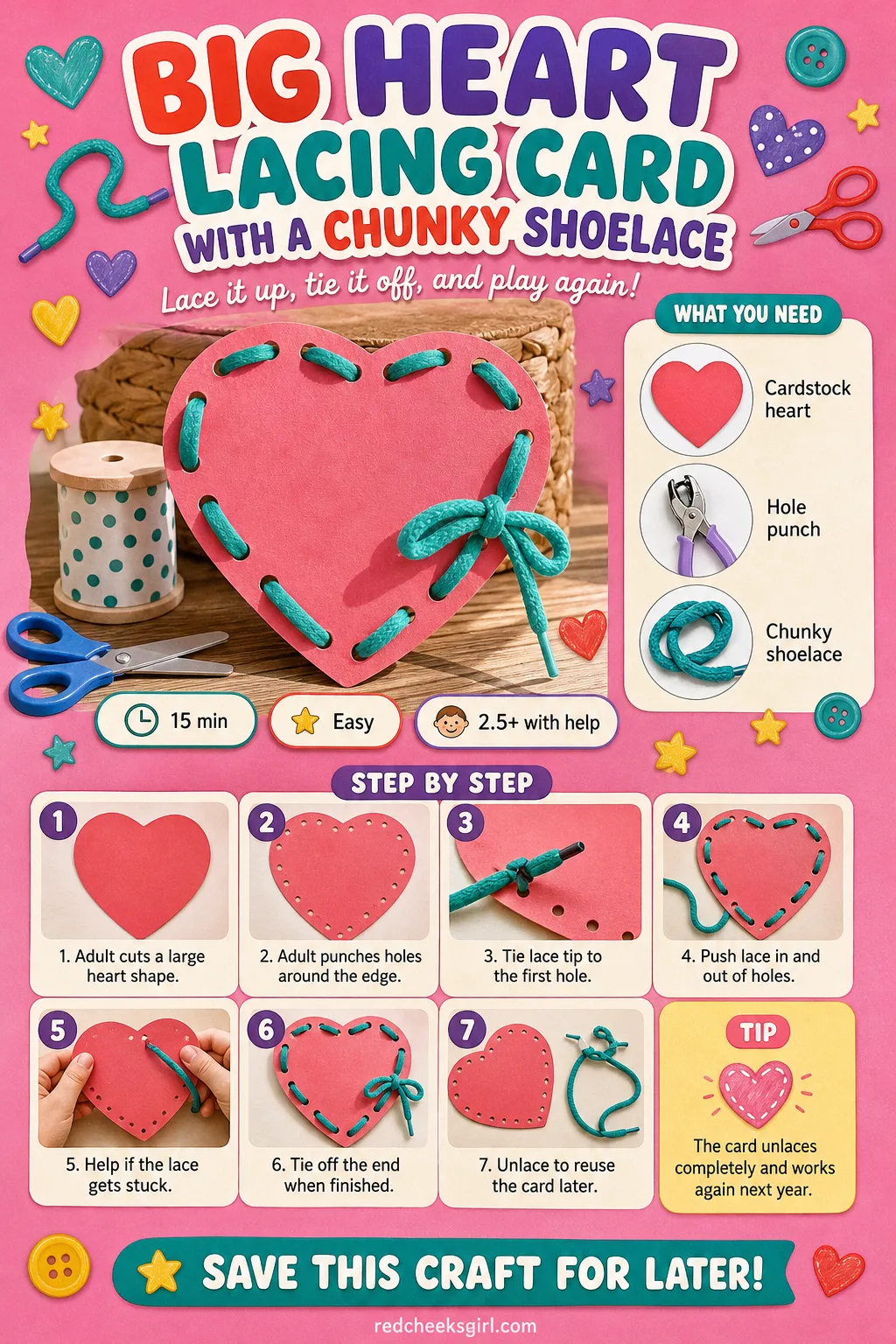 Big Heart Lacing Card with a Chunky Shoelace Craft Card printable sheet — A reusable card worth printing once, since the craft itself unlaces and starts over.