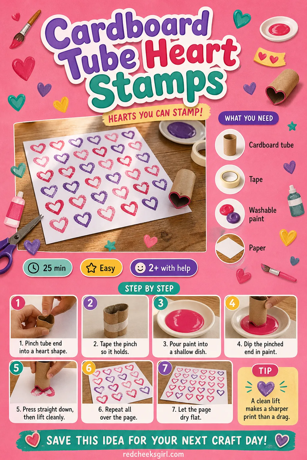Cardboard Tube Heart Stamps Craft Card printable sheet — The cheapest card on the fridge door, made entirely from a tube that was headed for recycling anyway.