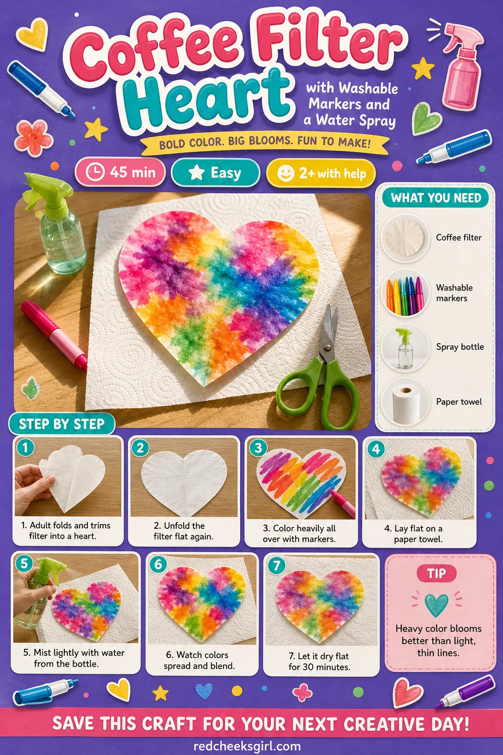 Coffee Filter Heart with Washable Markers and a Water Spray Craft Card printable sheet — Print this before the spray bottle comes out, the bloom happens fast
