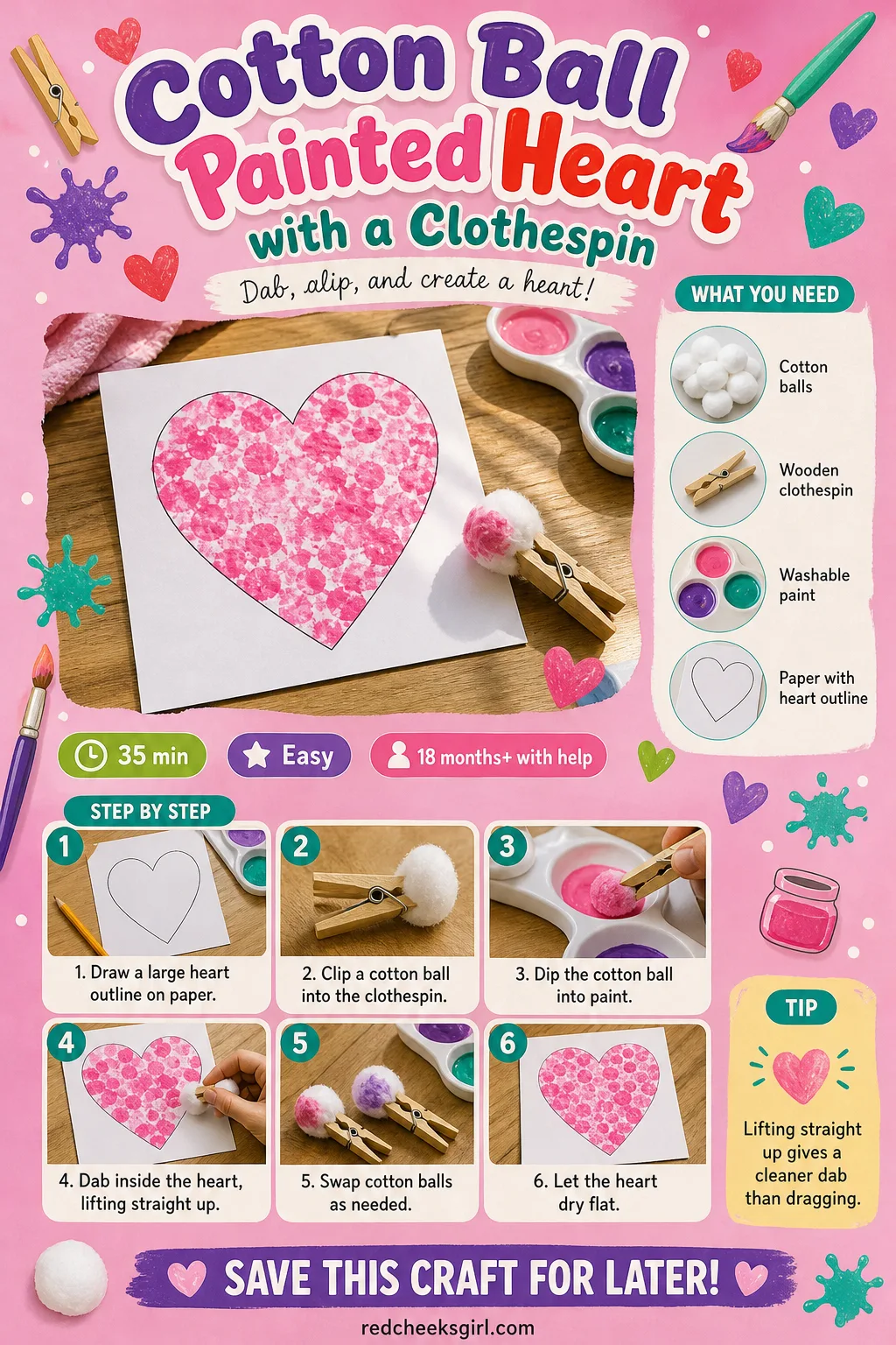 Cotton Ball Painted Heart with a Clothespin Craft Card printable sheet — The card to print on a day you would rather not scrub paint out from under