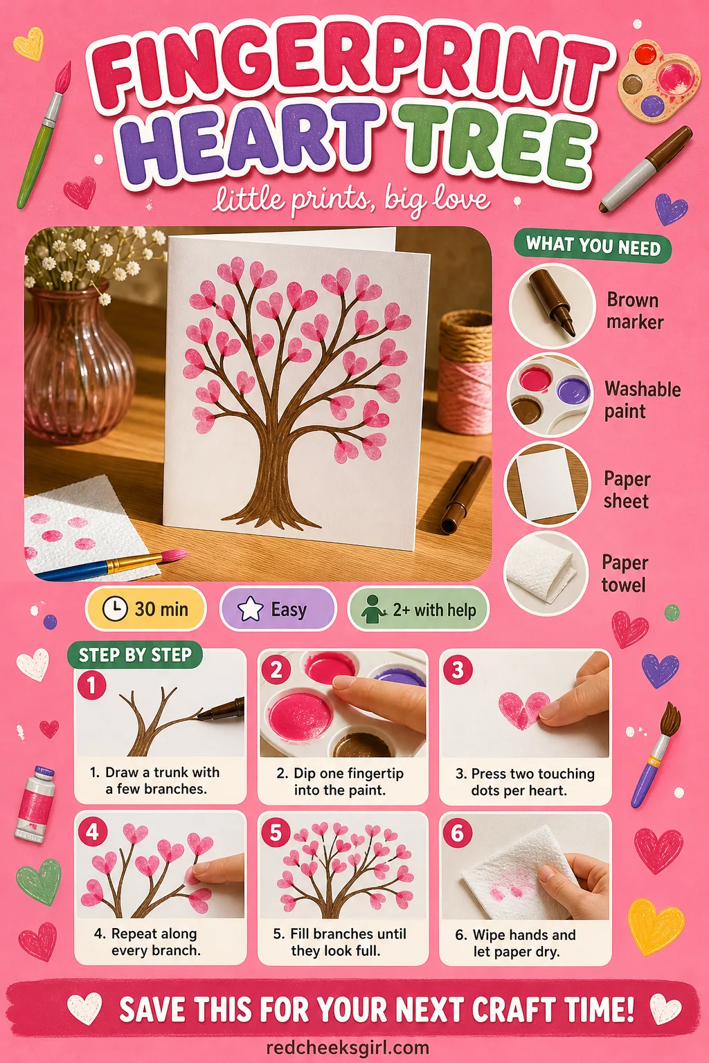 Fingerprint Heart Tree Craft Card printable sheet — Keep this one on the fridge, it is the craft that turns into an actual orchard of tiny hearts. Toddler