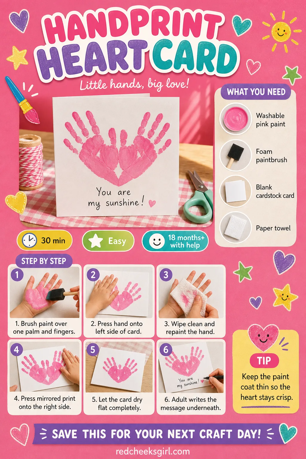 Handprint Heart Card Craft Card printable sheet — Print this card and keep it by the paint tray so the steps are right there when sticky hands are already
