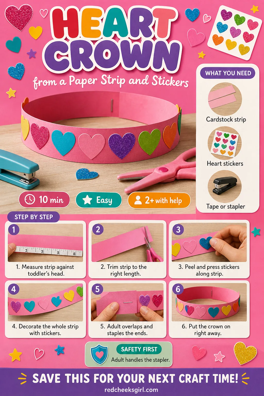 Heart Crown from a Paper Strip and Stickers Craft Card printable sheet — Print it for the guest of honor who wants to wear their craft the second it is
