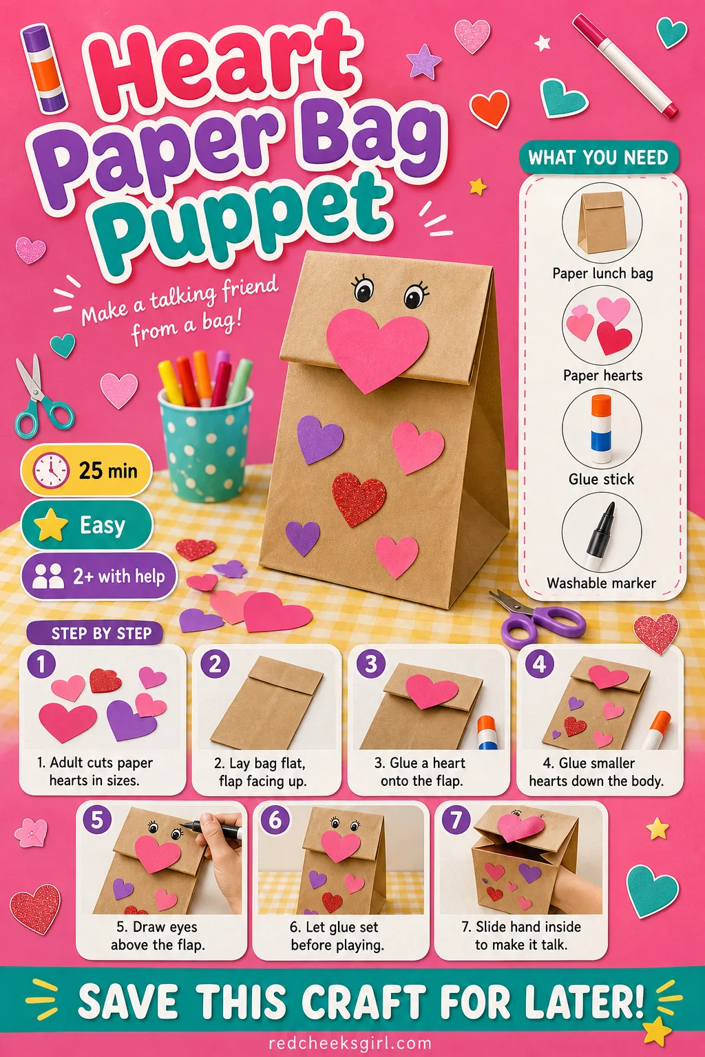 Heart Paper Bag Puppet Craft Card printable sheet — Print this one for the craft that gets played with immediately instead of hung on a wall. Toddler valentine