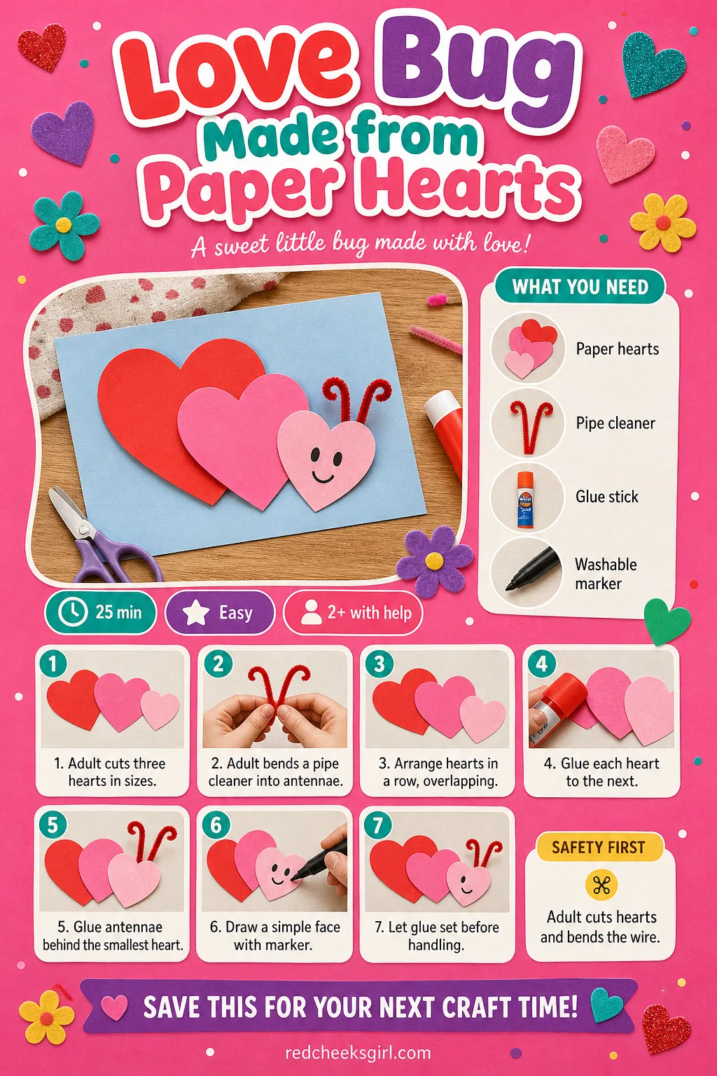 Love Bug Made from Paper Hearts Craft Card printable sheet — Print this one for a small group, since each bug only needs three hearts and one bent pipe
