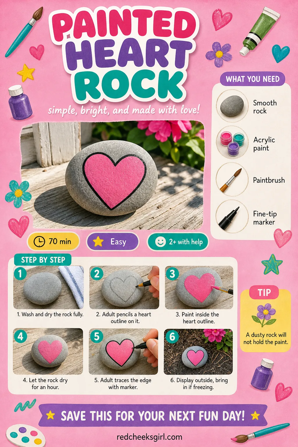 Painted Heart Rock Craft Card printable sheet — Print this for the porch step version of Valentine decor, sturdy enough to survive outside. Toddler valentine