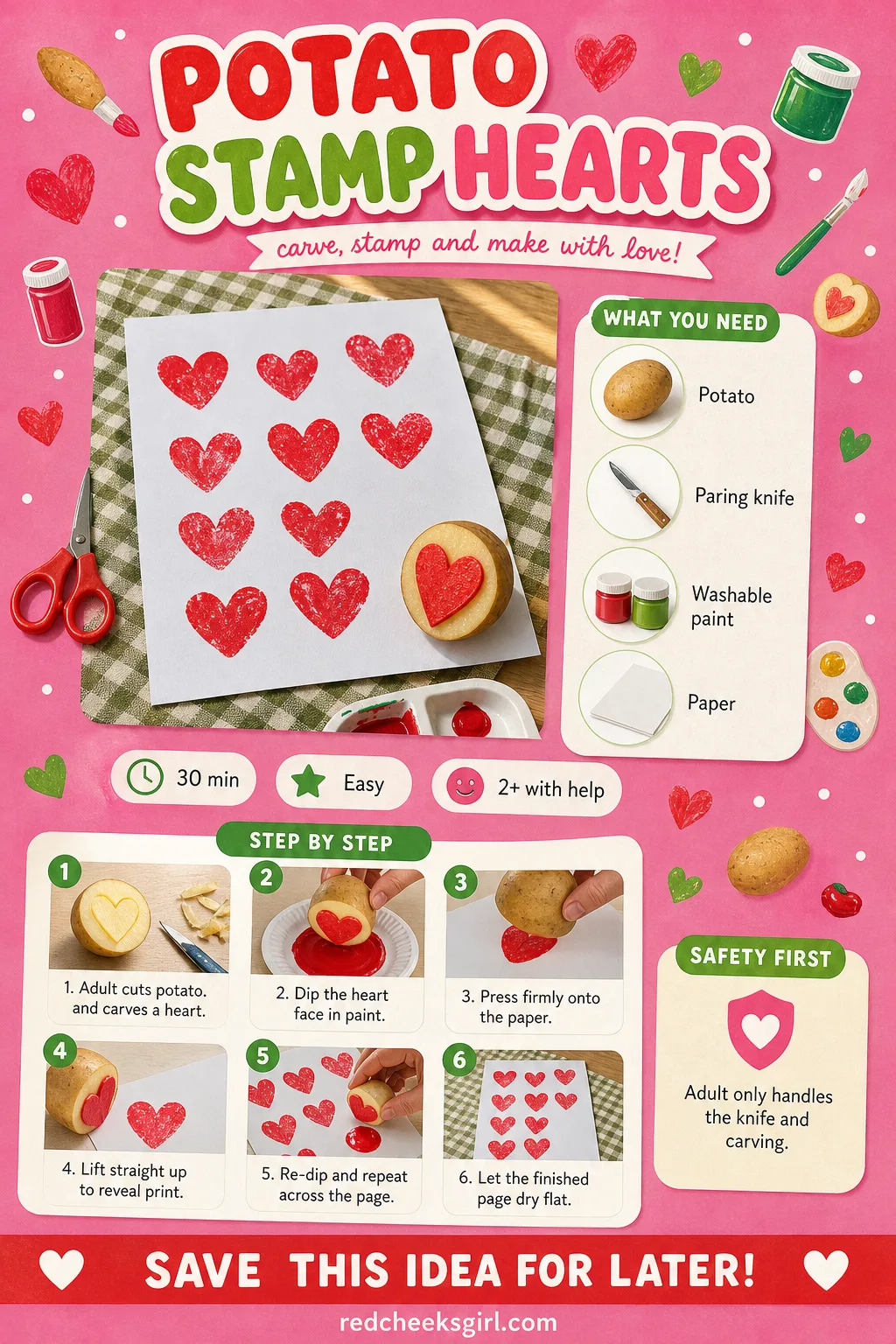 Potato Stamp Hearts Craft Card printable sheet — Print it before dinner, the potato stamp is carved from tonight's side dish. Toddler valentine crafts