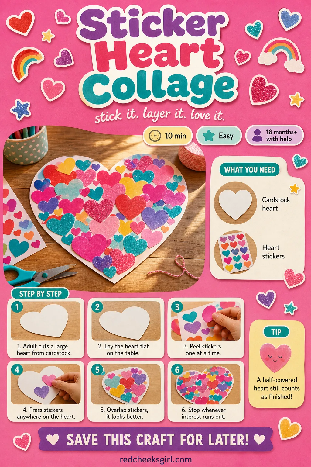 Sticker Heart Collage Craft Card printable sheet — Print this one for the five-minutes-before-we-leave version of craft time, no drying required. Toddler
