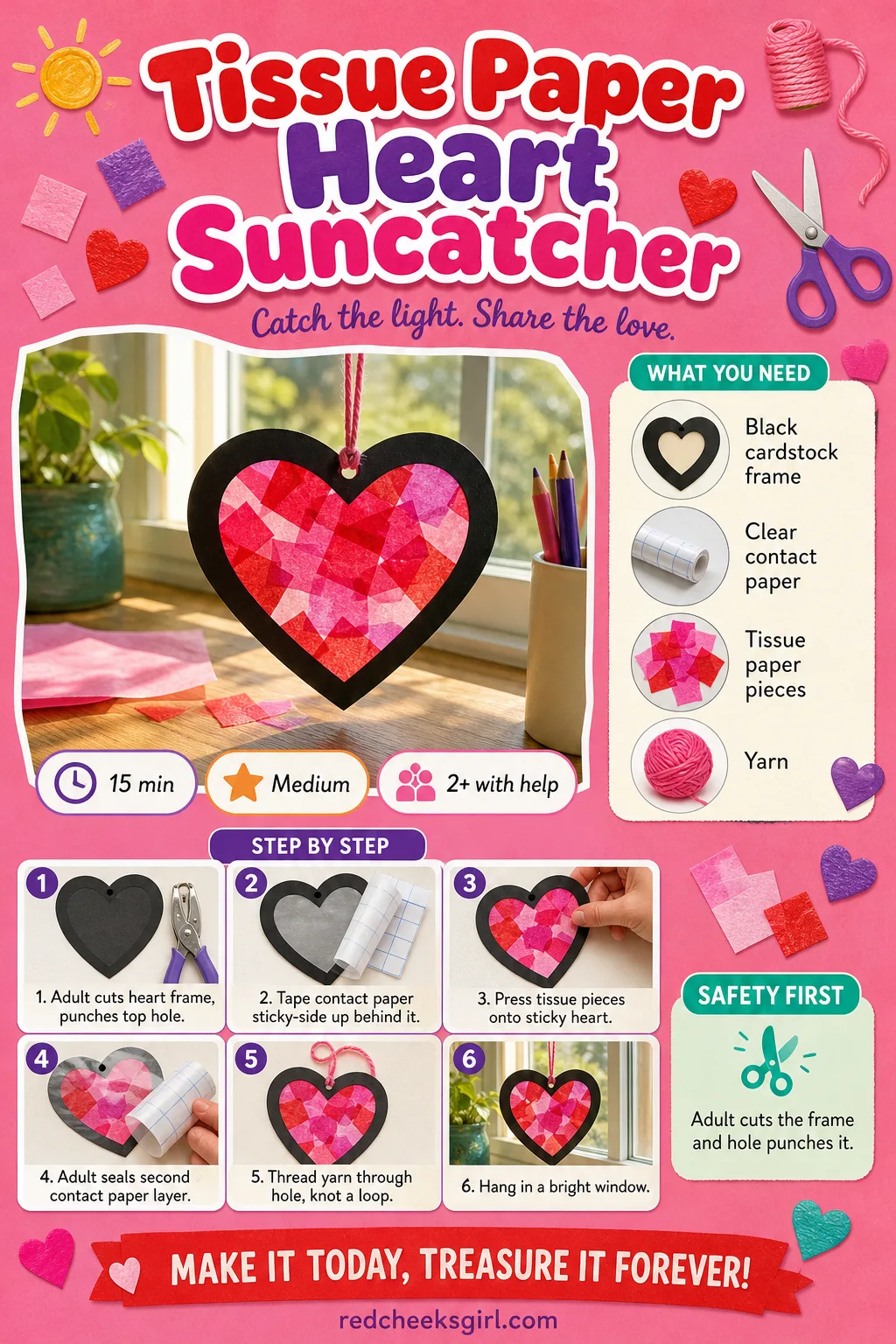 Tissue Paper Heart Suncatcher Craft Card printable sheet — A small printable for the small hanging version of the window collage, finished off with a yarn