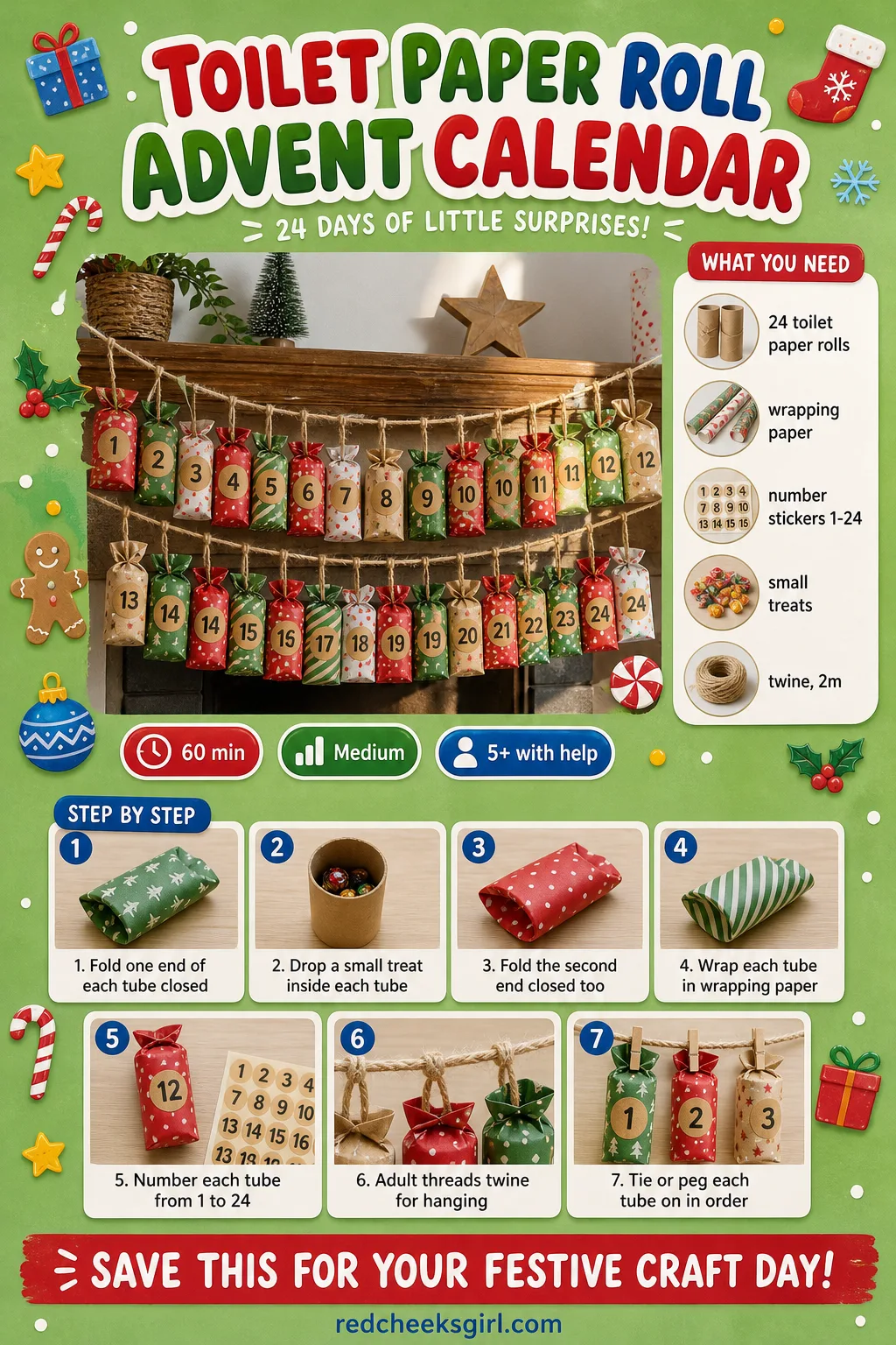 Toilet Paper Roll Advent Calendar Craft Card printable sheet — Printable step card for the advent calendar craft. Toilet paper roll crafts christmas