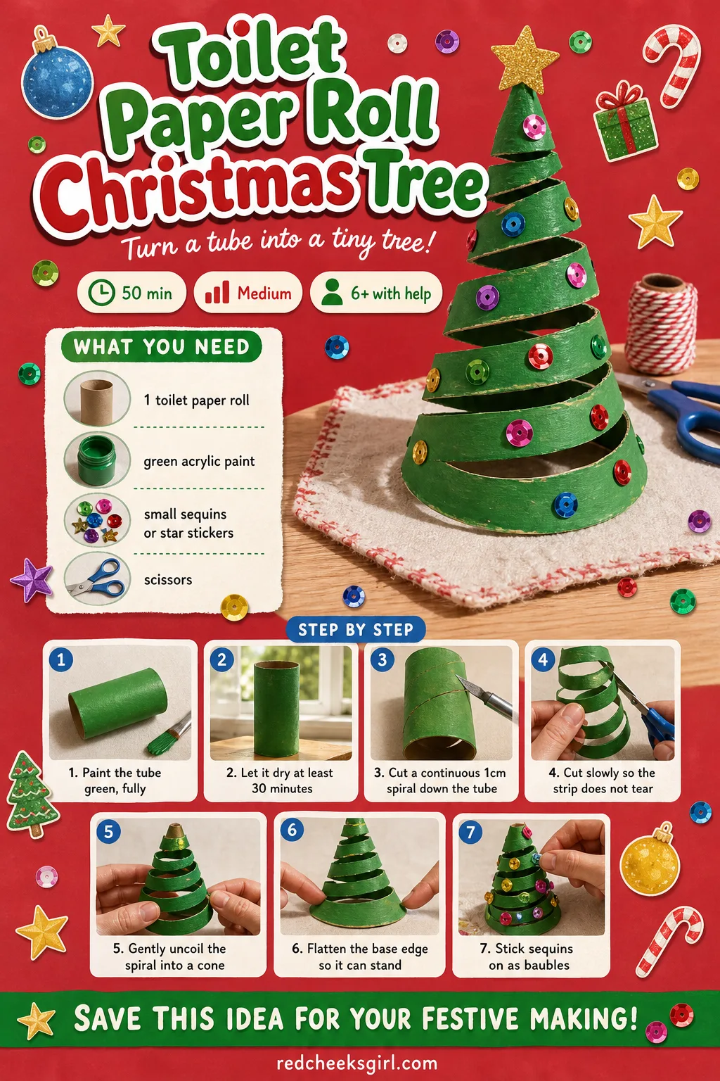 Toilet Paper Roll Christmas Tree Craft Card printable sheet — Printable step card for the tree craft. Toilet paper roll crafts christmas
